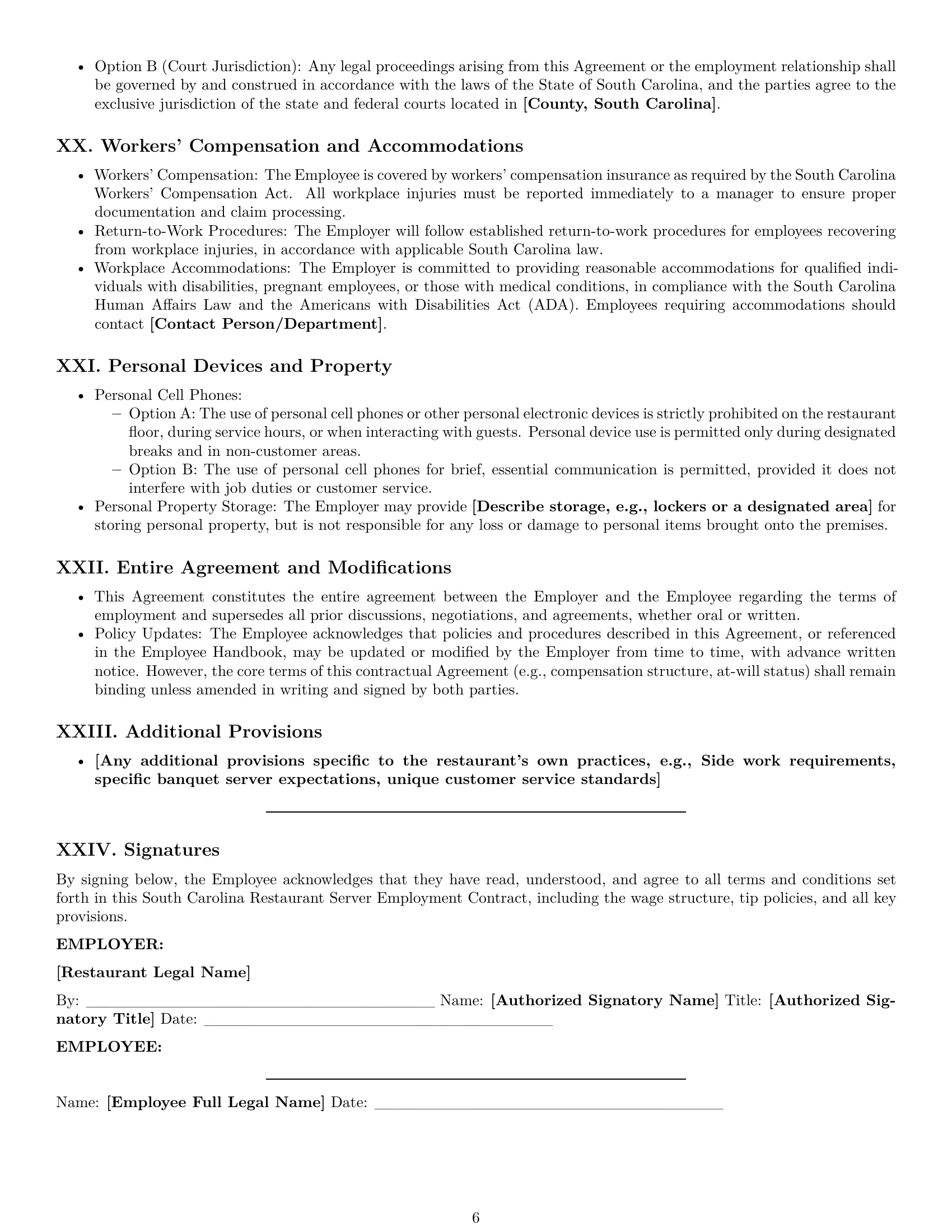 Preview page 6 of Pro South Carolina restaurant server employment contract template