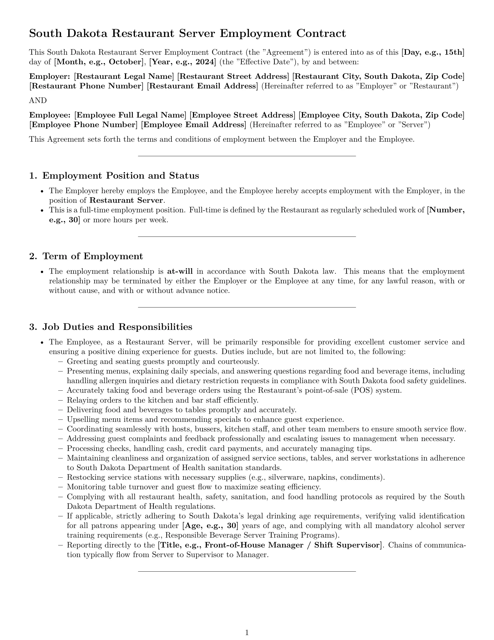 Preview page 1 of Pro South Dakota restaurant server employment contract template