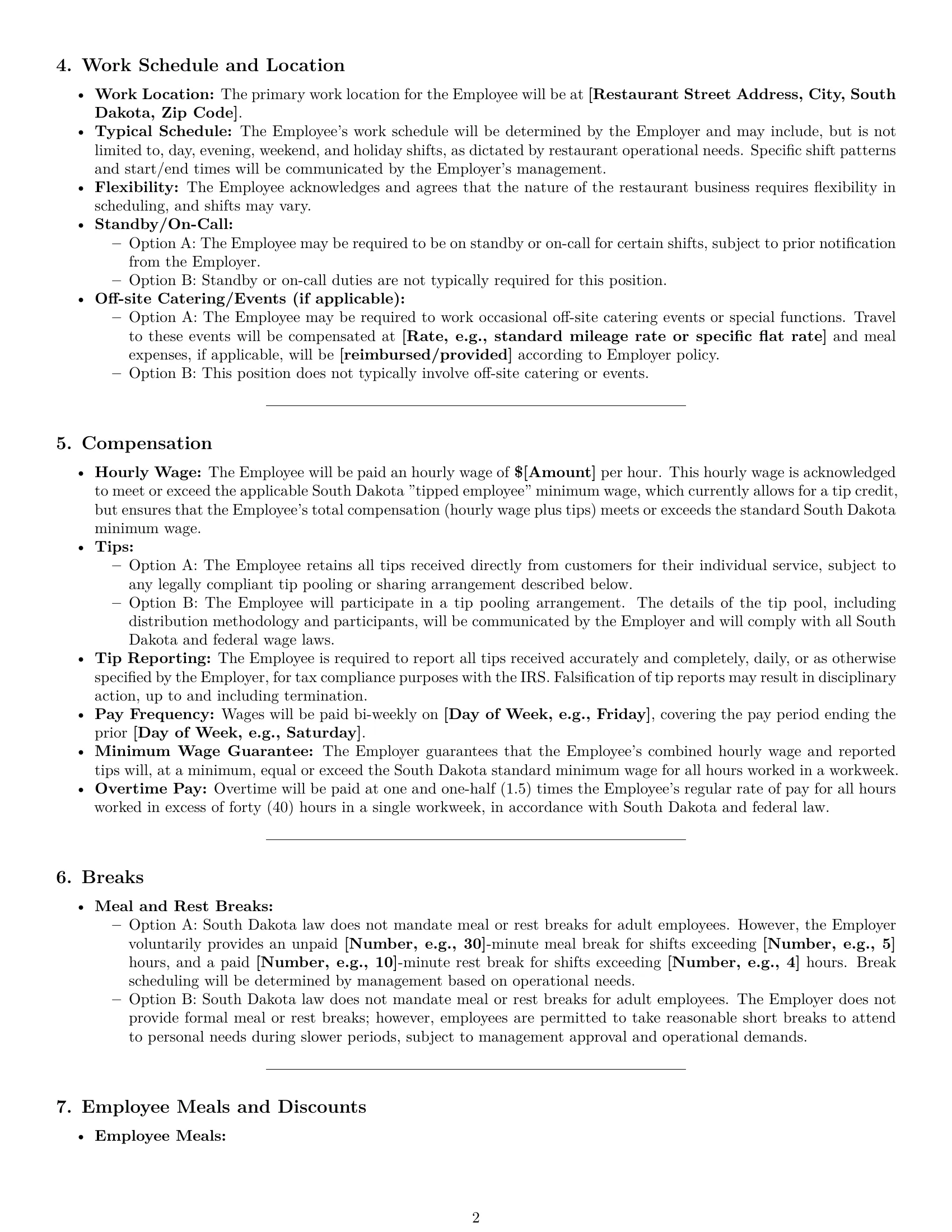 Preview page 2 of Pro South Dakota restaurant server employment contract template