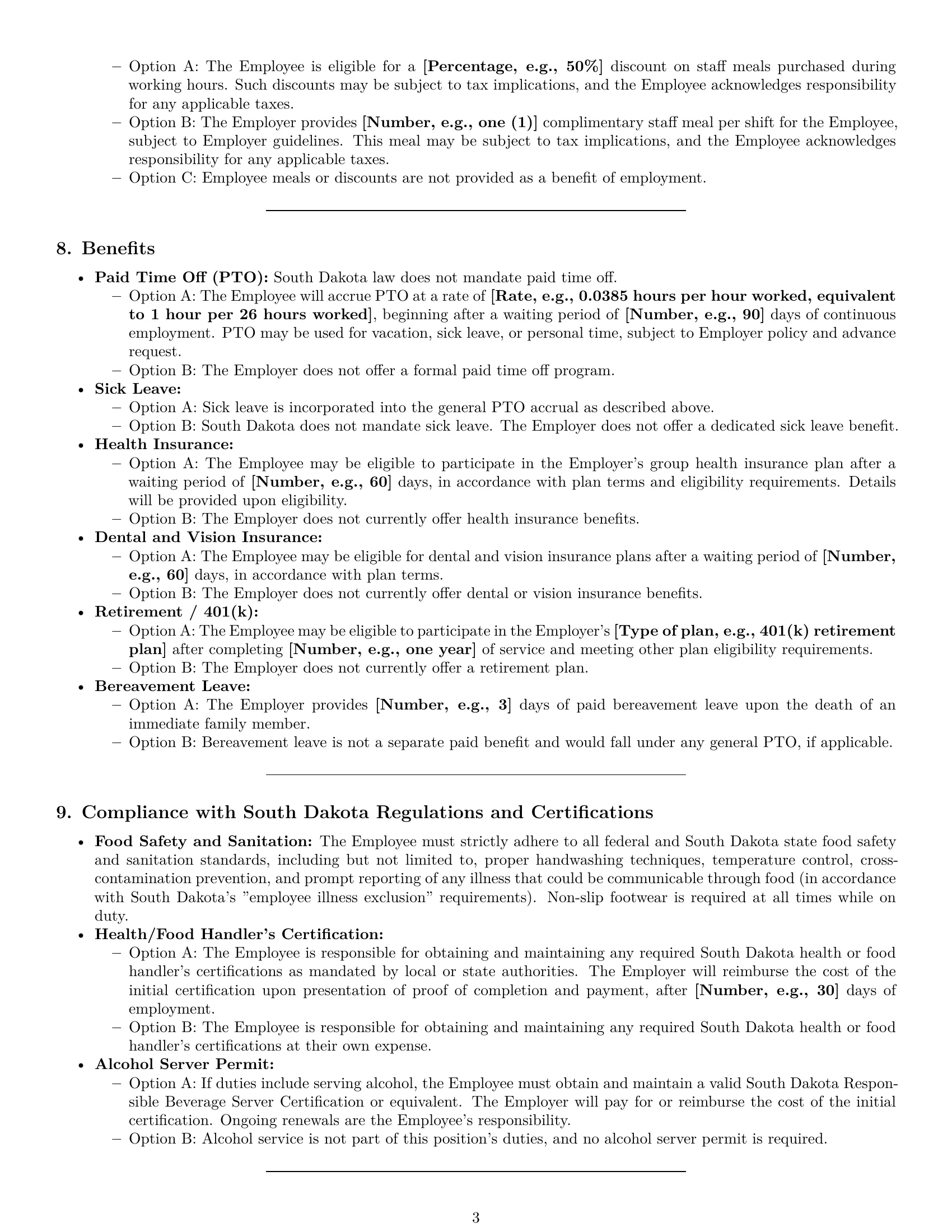 Preview page 3 of Pro South Dakota restaurant server employment contract template