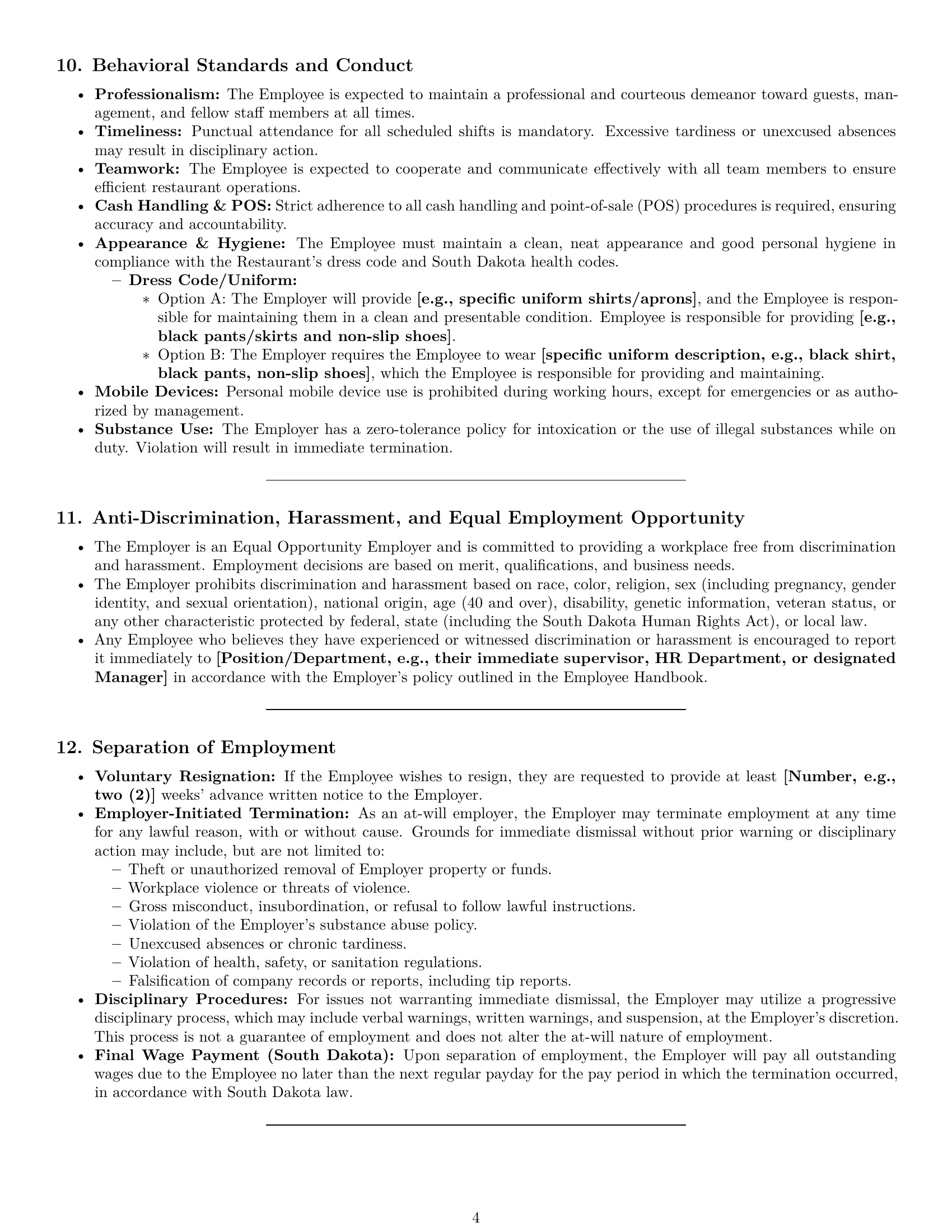 Preview page 4 of Pro South Dakota restaurant server employment contract template
