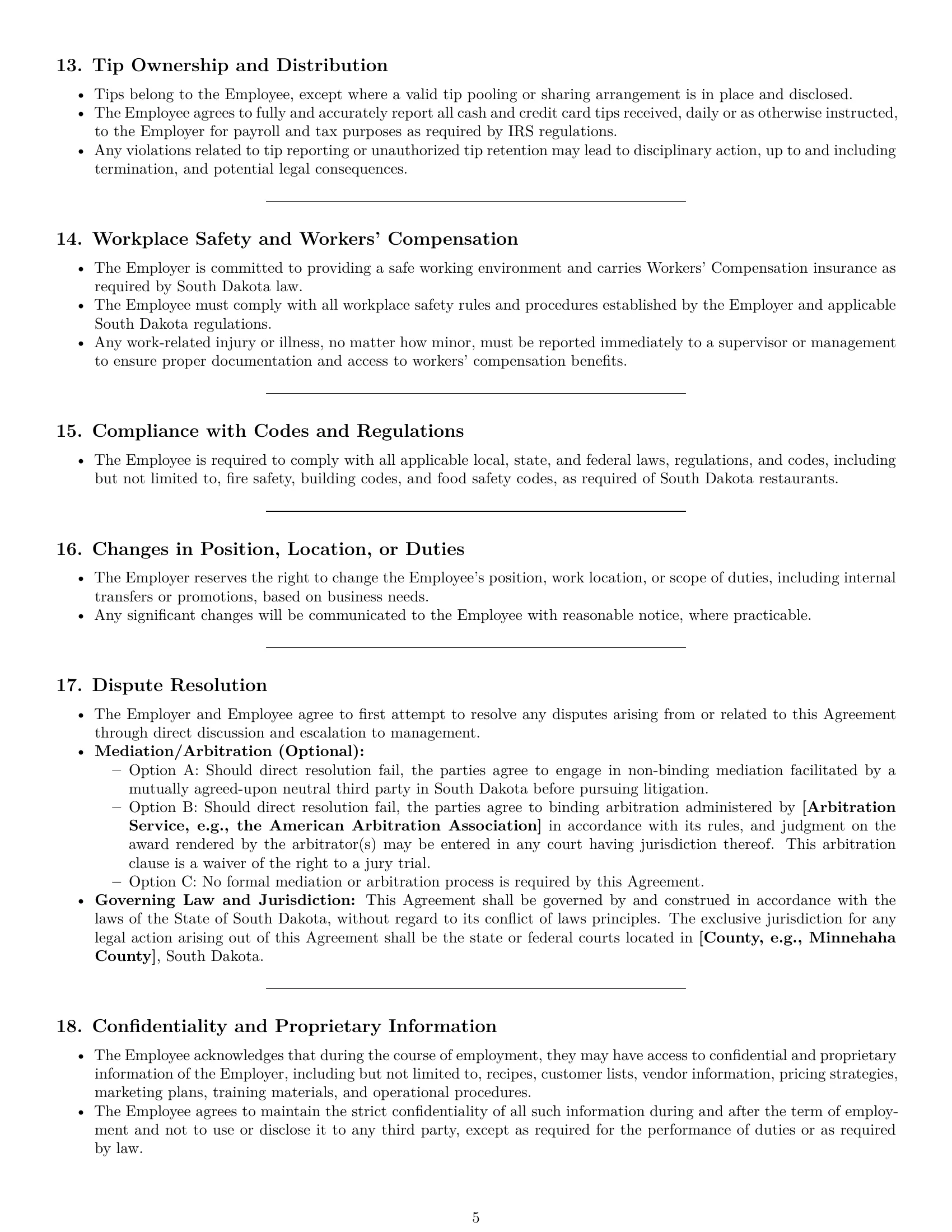 Preview page 5 of Pro South Dakota restaurant server employment contract template
