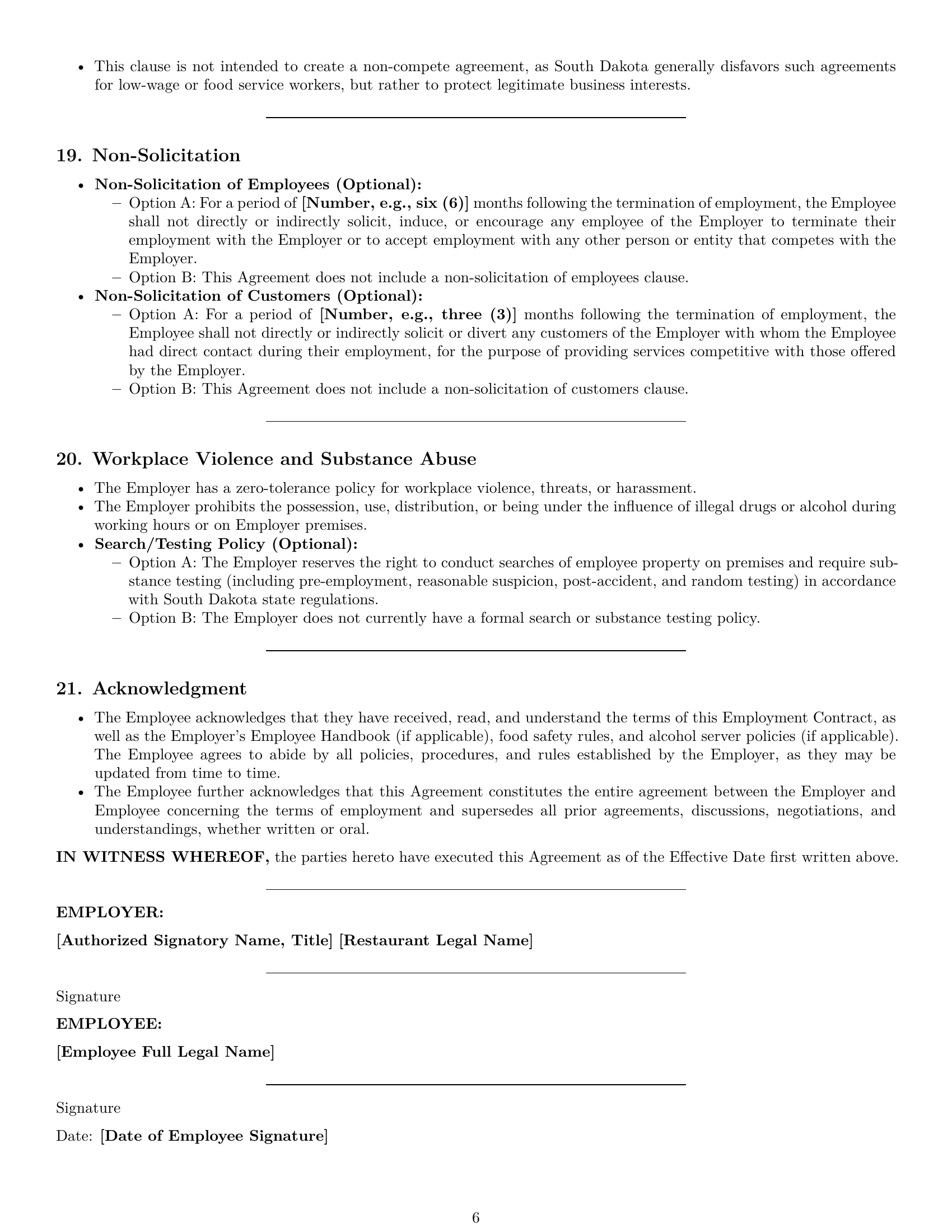 Preview page 6 of Pro South Dakota restaurant server employment contract template