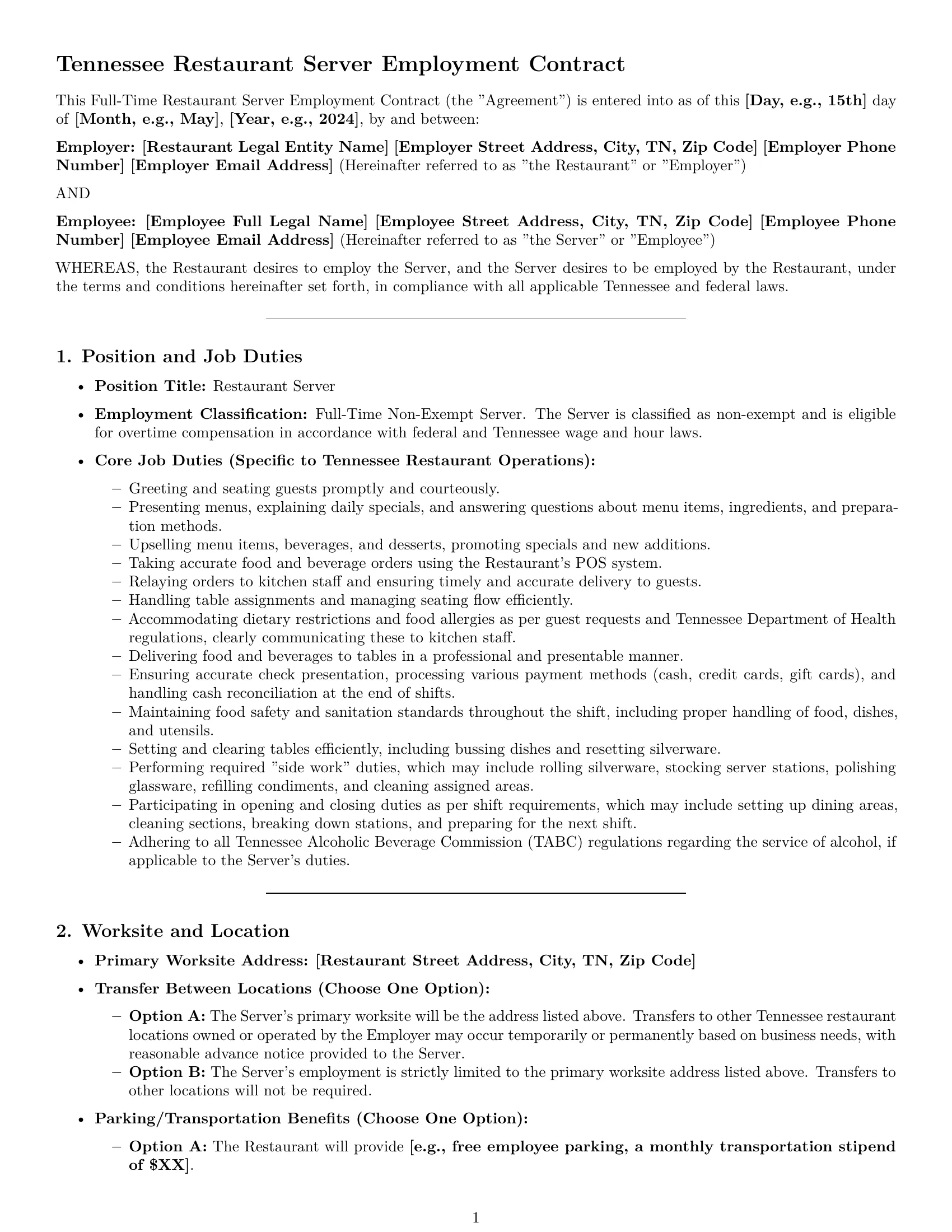 Preview page 1 of Pro Tennessee restaurant server employment contract template
