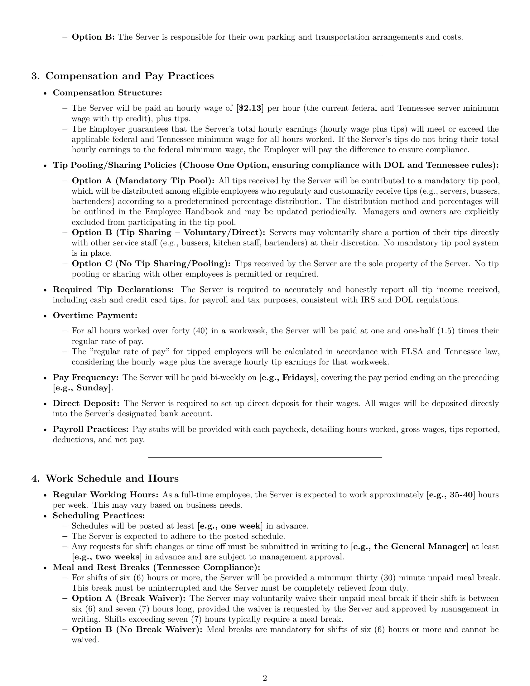 Preview page 2 of Pro Tennessee restaurant server employment contract template