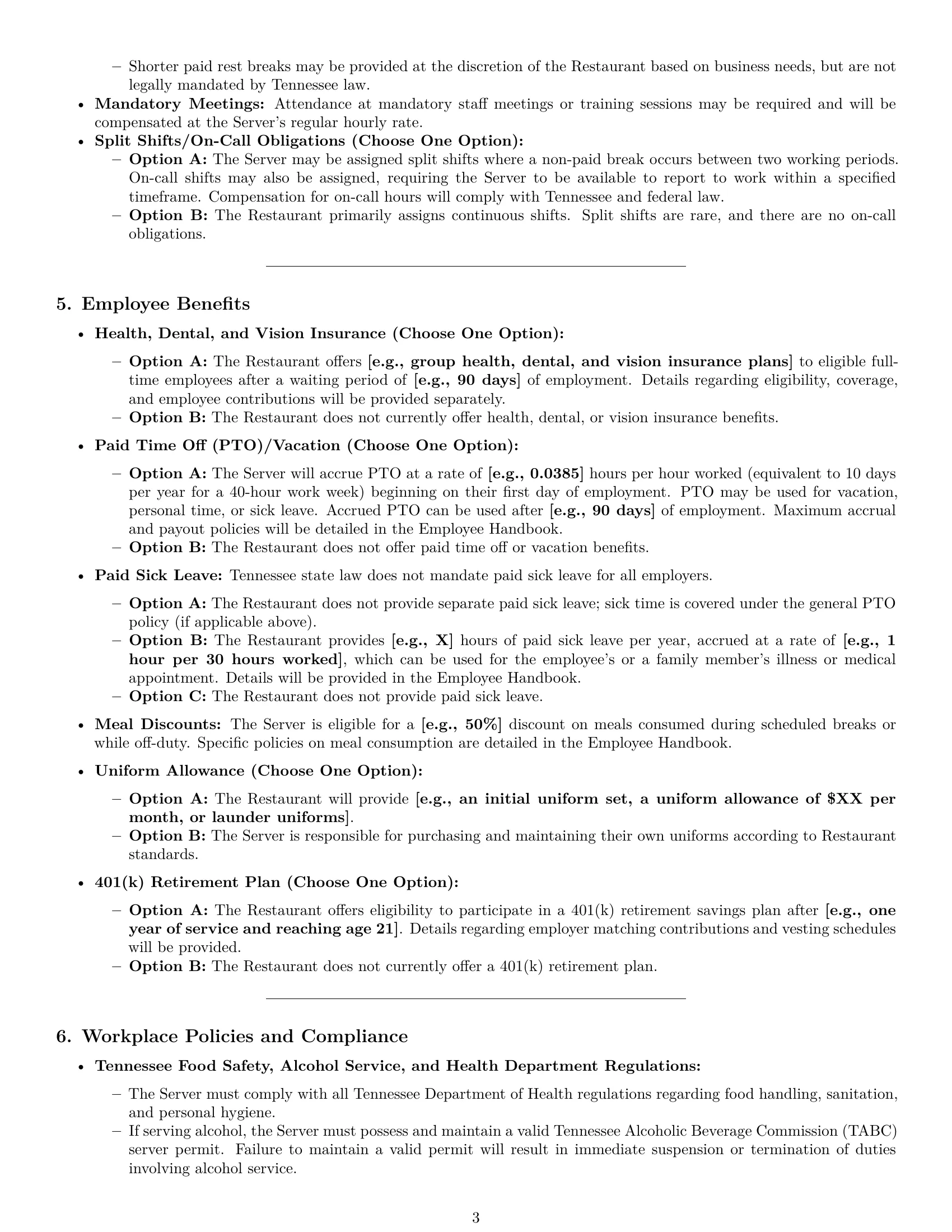 Preview page 3 of Pro Tennessee restaurant server employment contract template