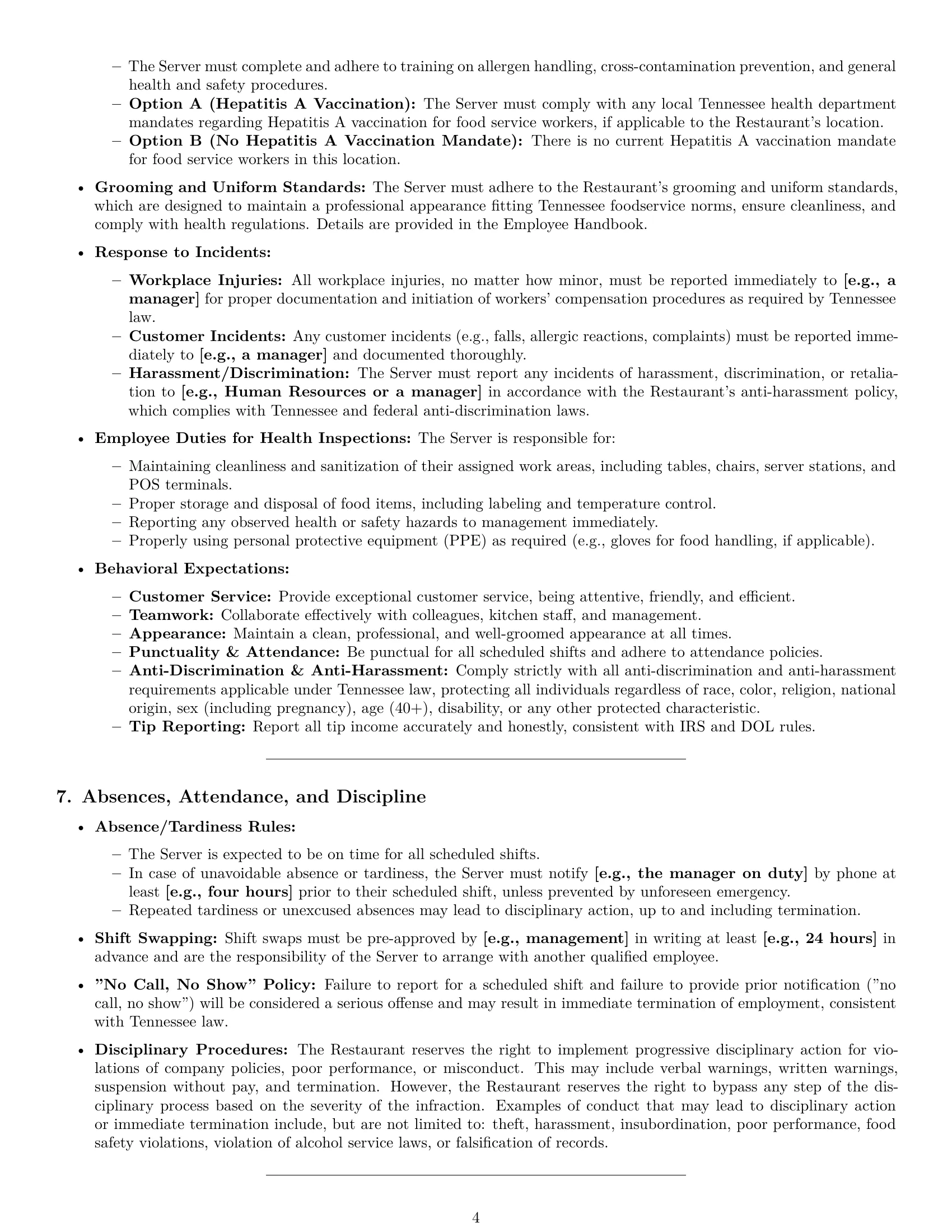 Preview page 4 of Pro Tennessee restaurant server employment contract template