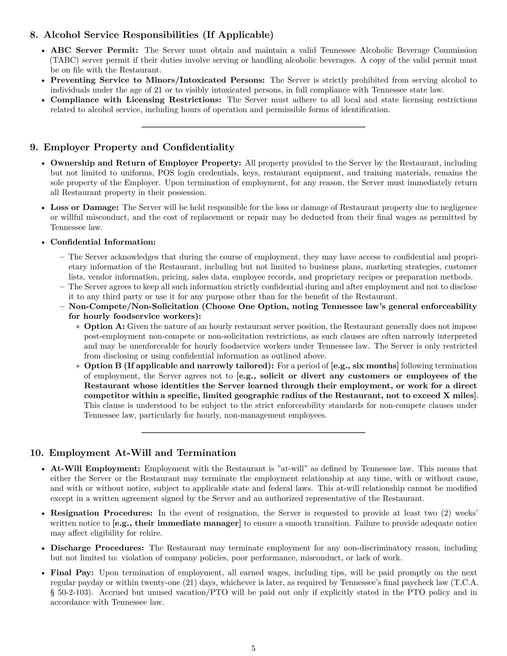 Preview page 5 of Pro Tennessee restaurant server employment contract template