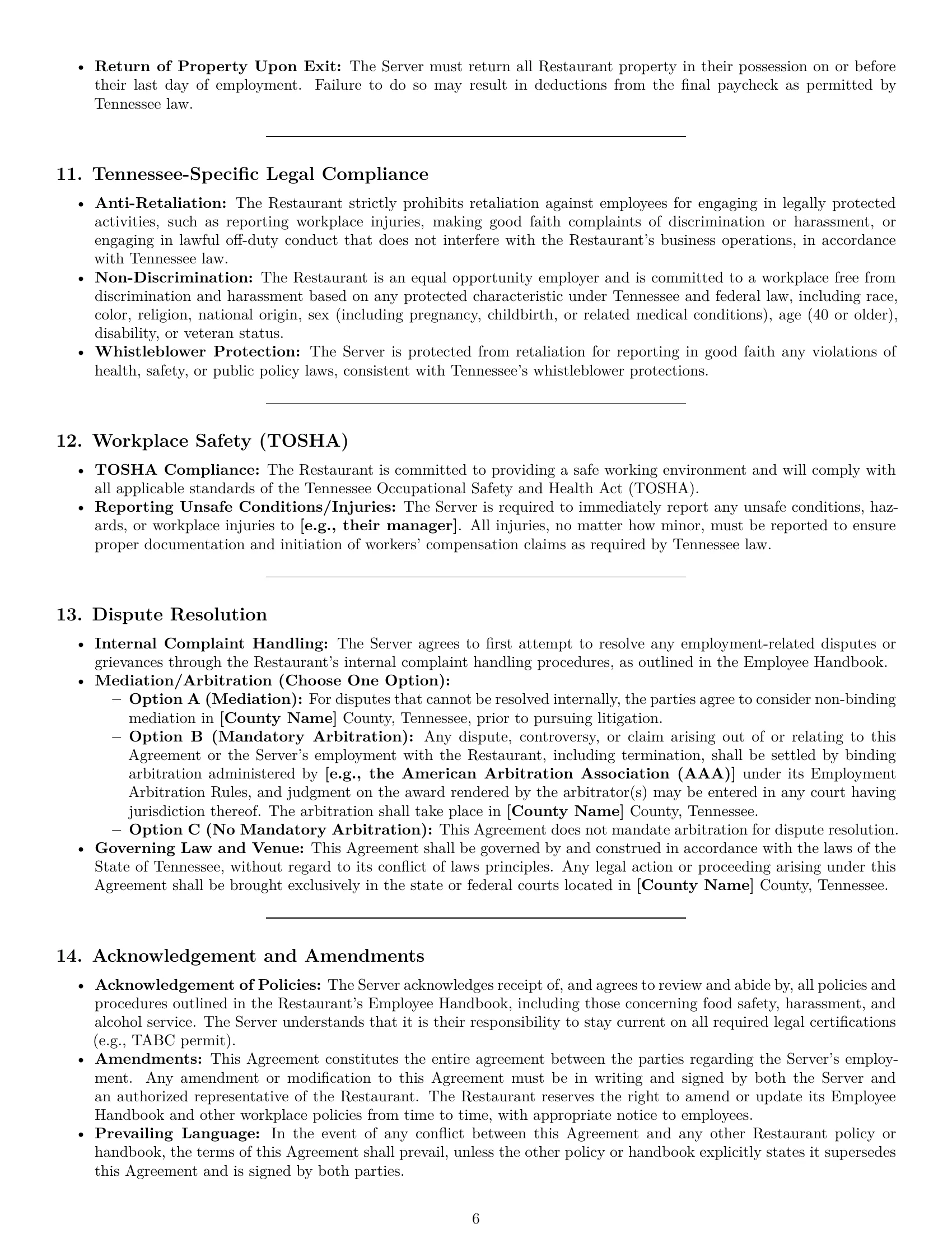 Preview page 6 of Pro Tennessee restaurant server employment contract template