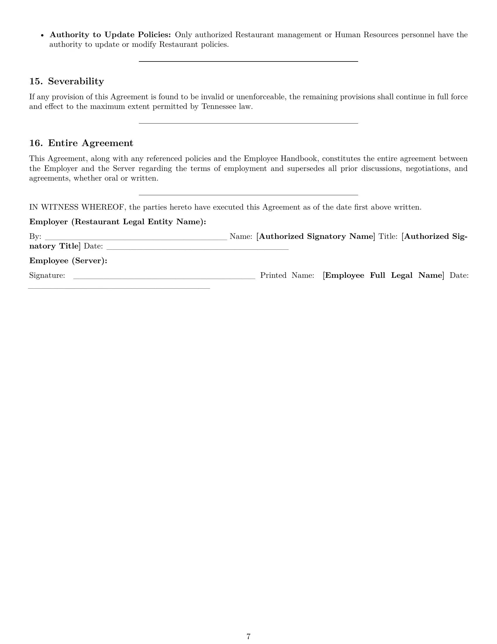 Preview page 7 of Pro Tennessee restaurant server employment contract template