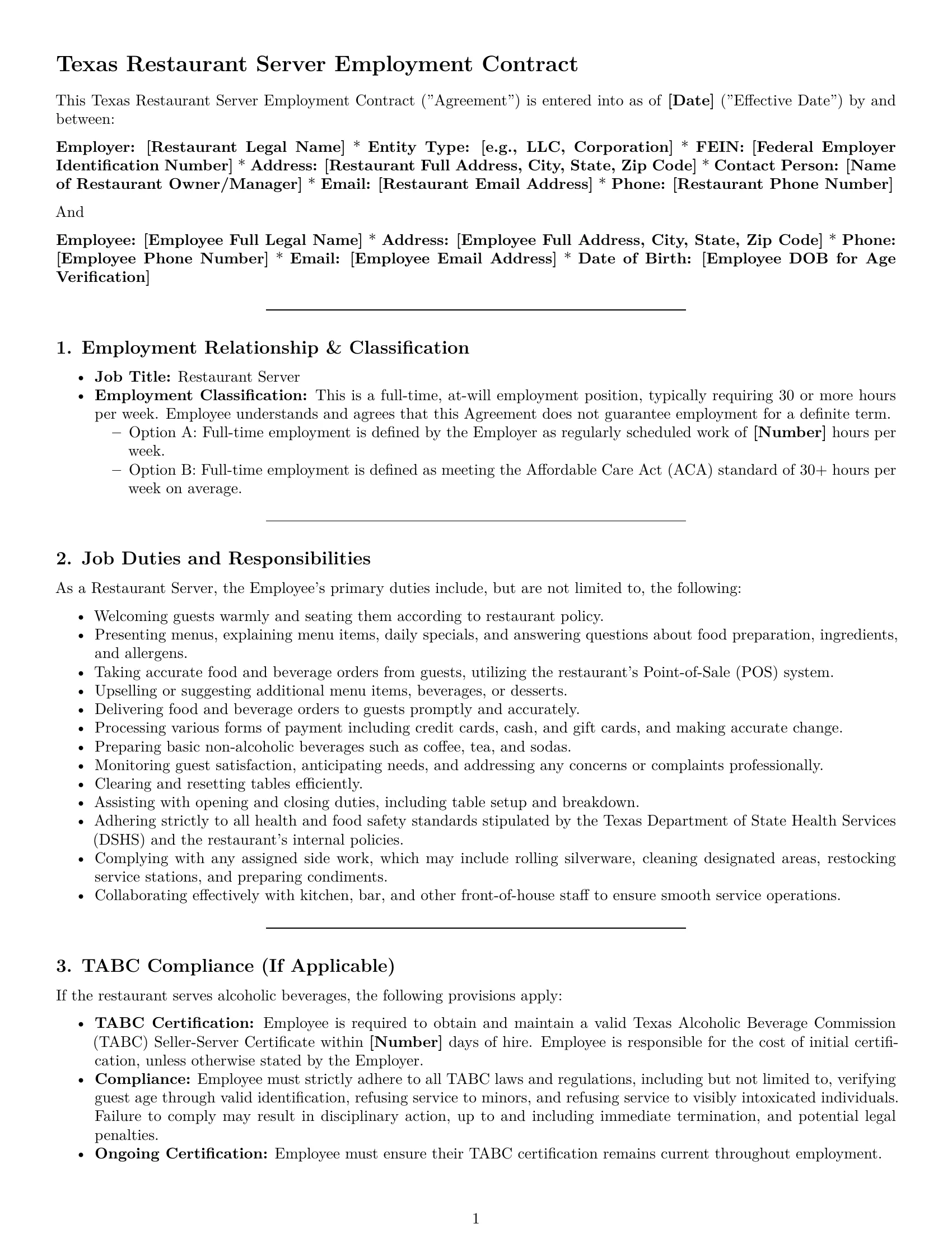 Preview page 1 of Pro Texas restaurant server employment contract template