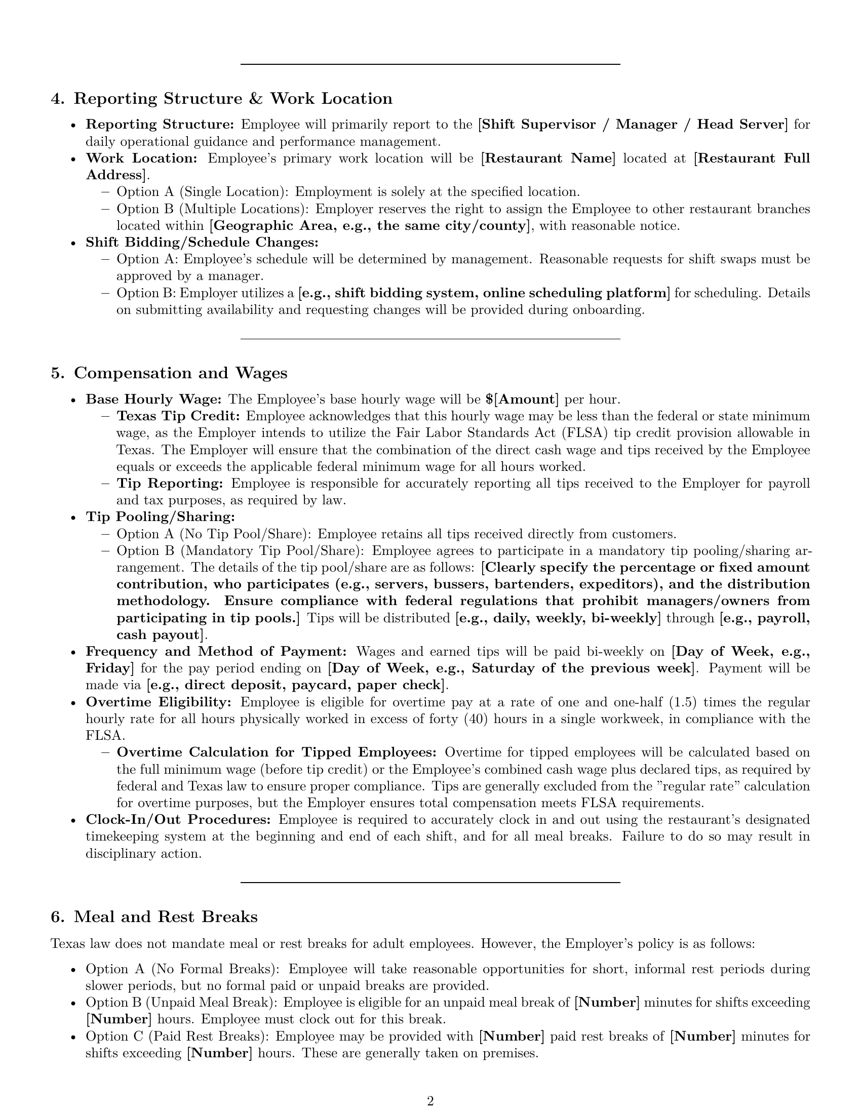 Preview page 2 of Pro Texas restaurant server employment contract template