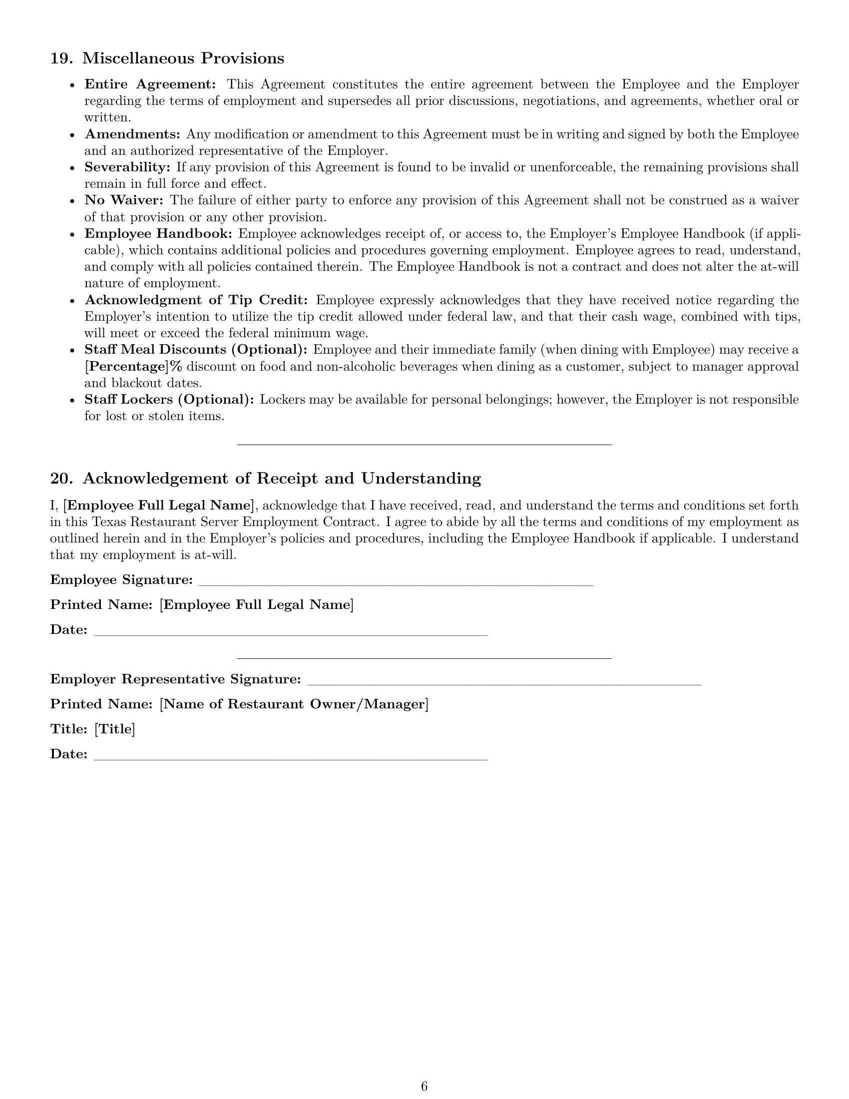 Preview page 6 of Pro Texas restaurant server employment contract template
