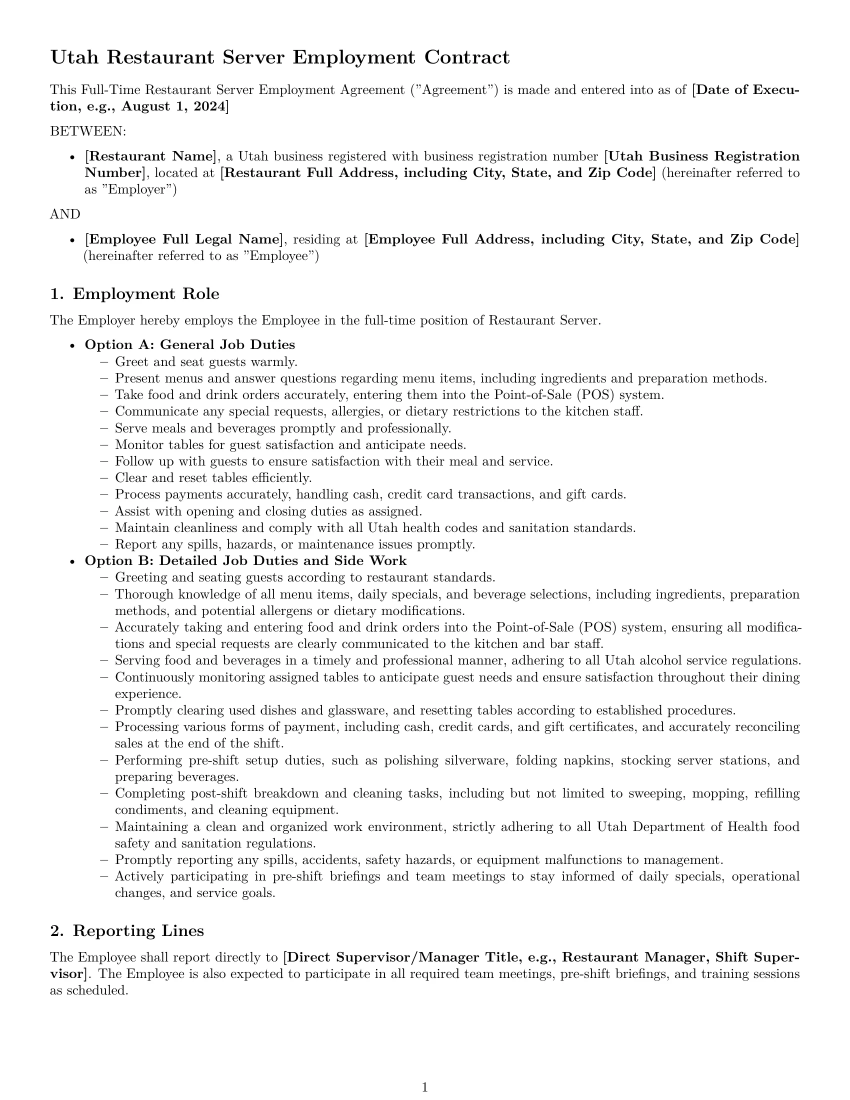 Preview page 1 of Pro Utah restaurant server employment contract template