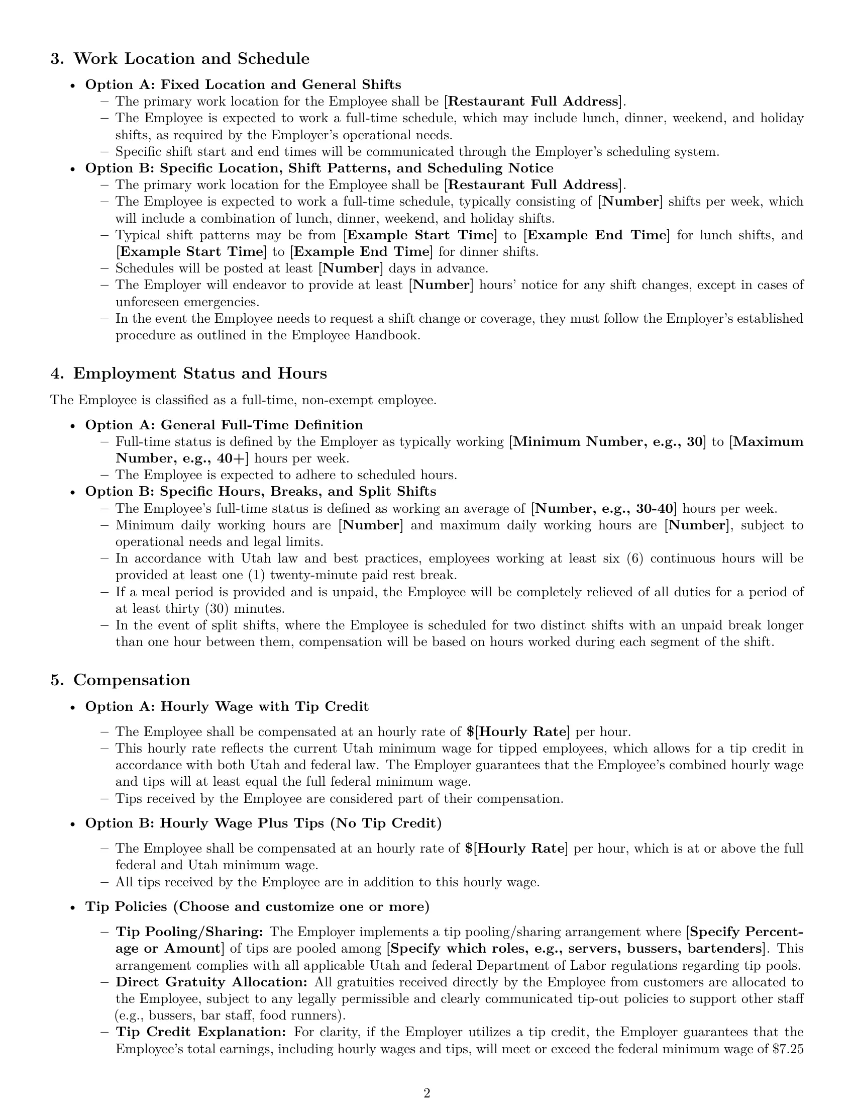 Preview page 2 of Pro Utah restaurant server employment contract template