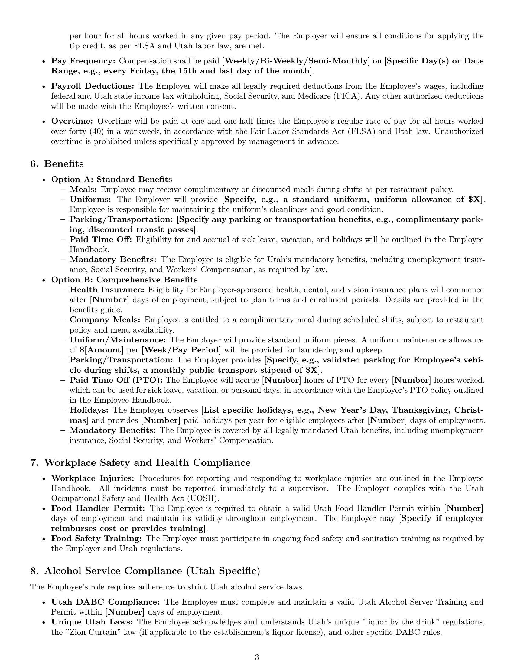 Preview page 3 of Pro Utah restaurant server employment contract template