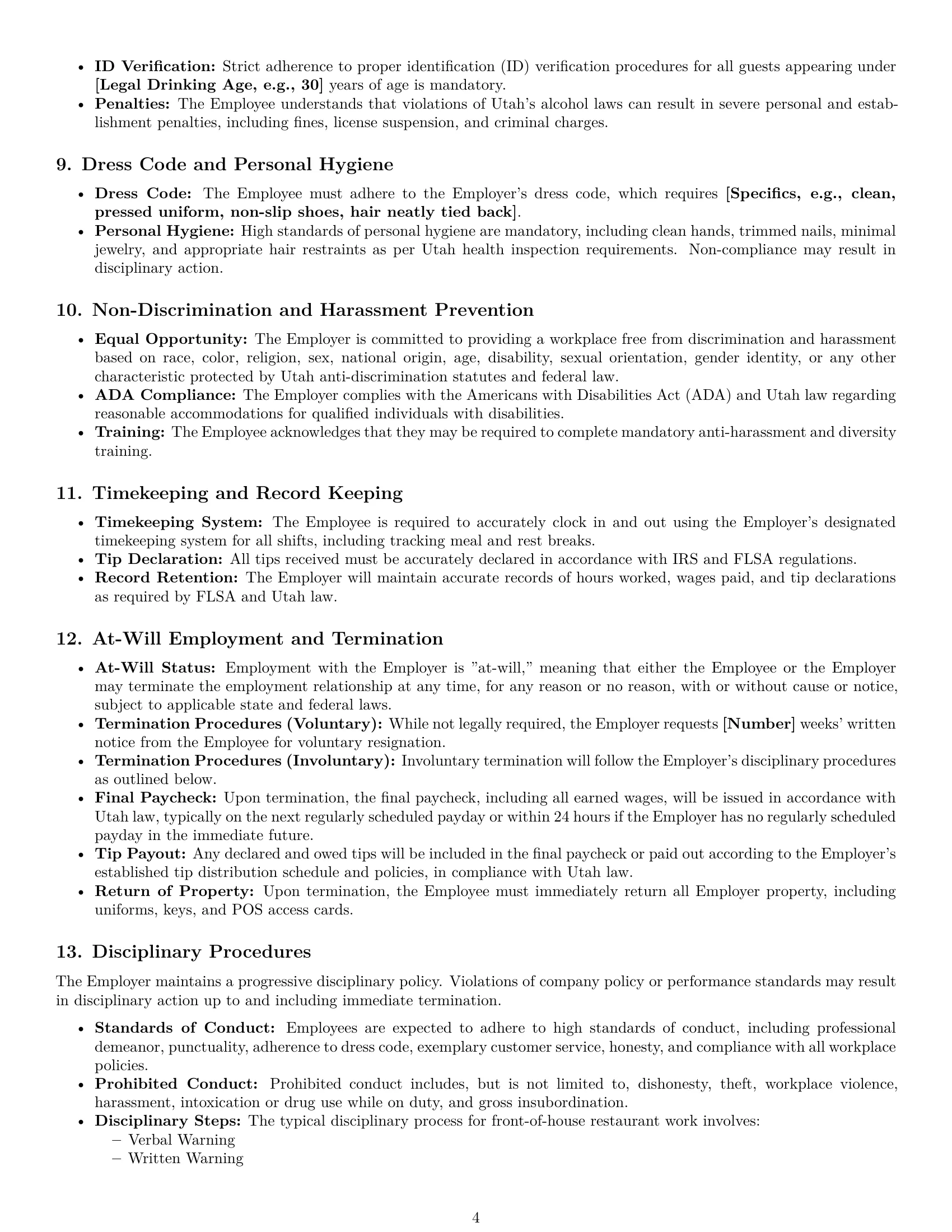 Preview page 4 of Pro Utah restaurant server employment contract template