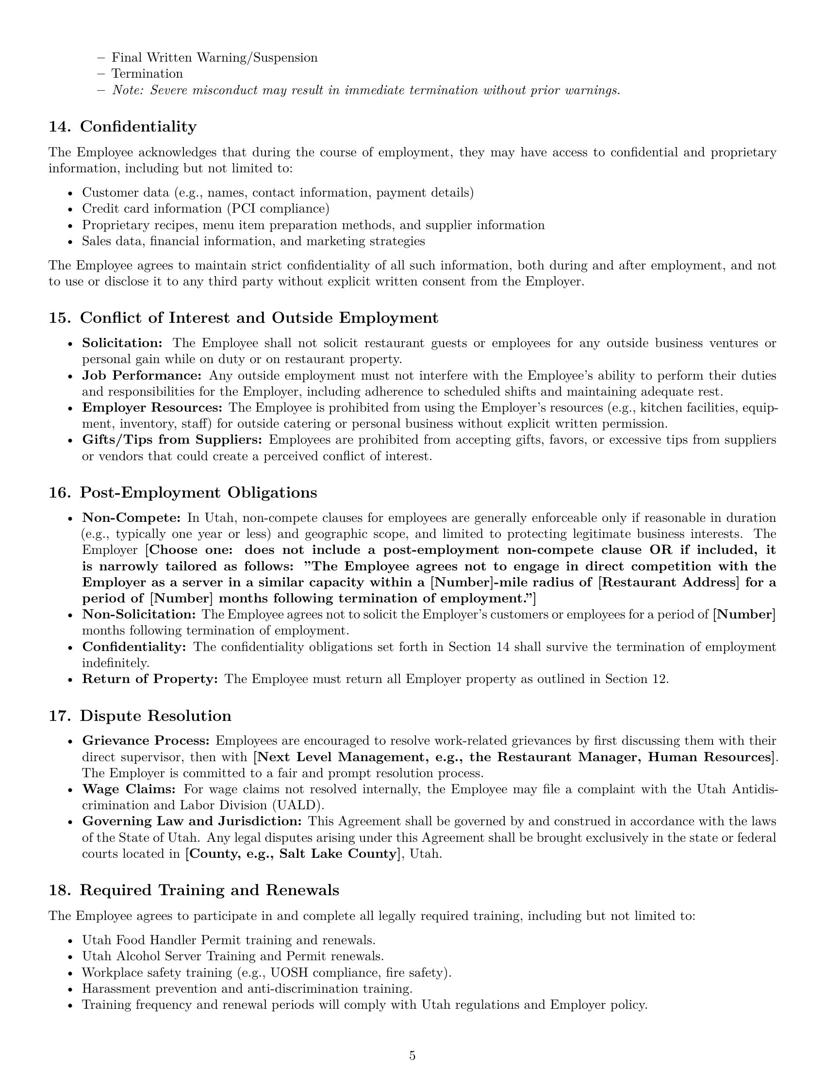 Preview page 5 of Pro Utah restaurant server employment contract template