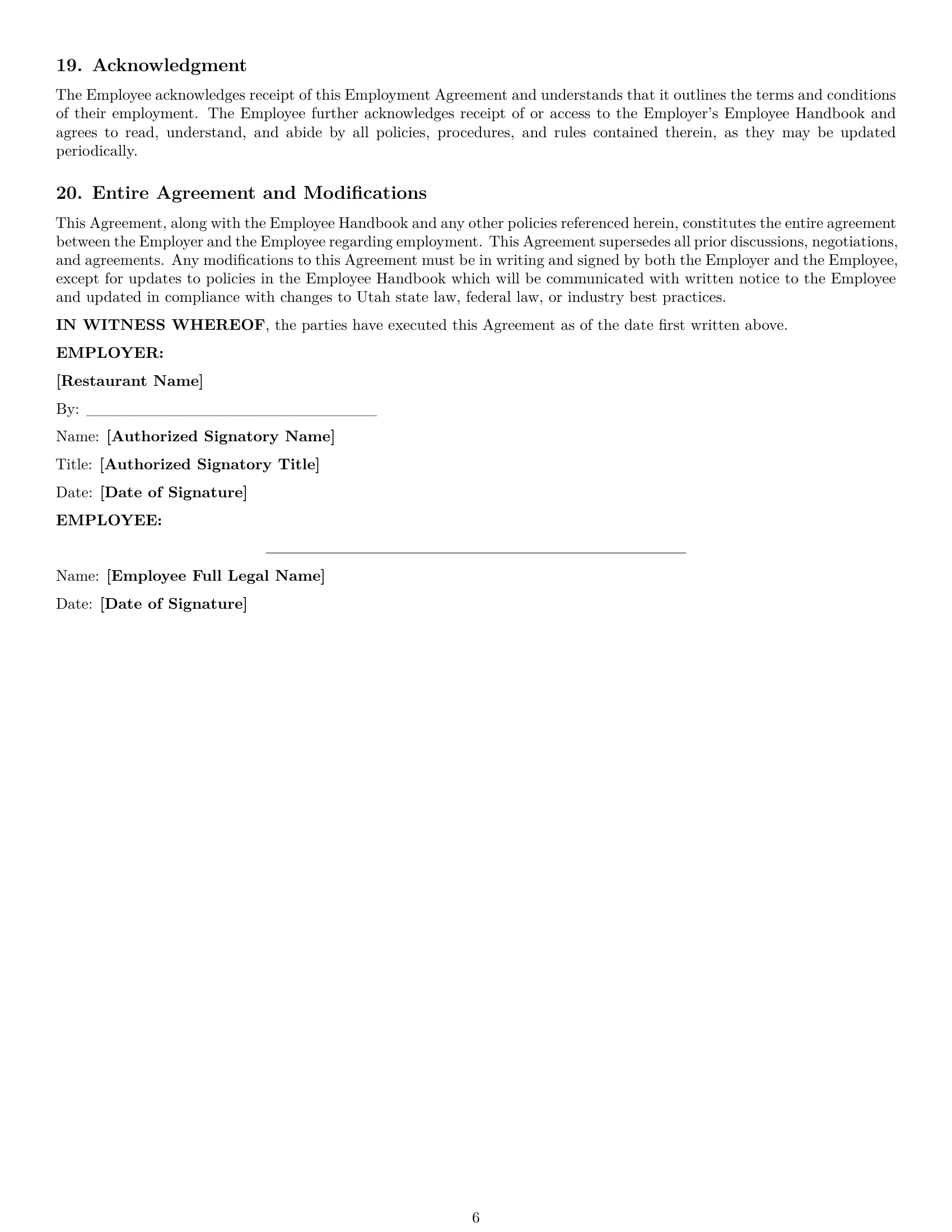 Preview page 6 of Pro Utah restaurant server employment contract template