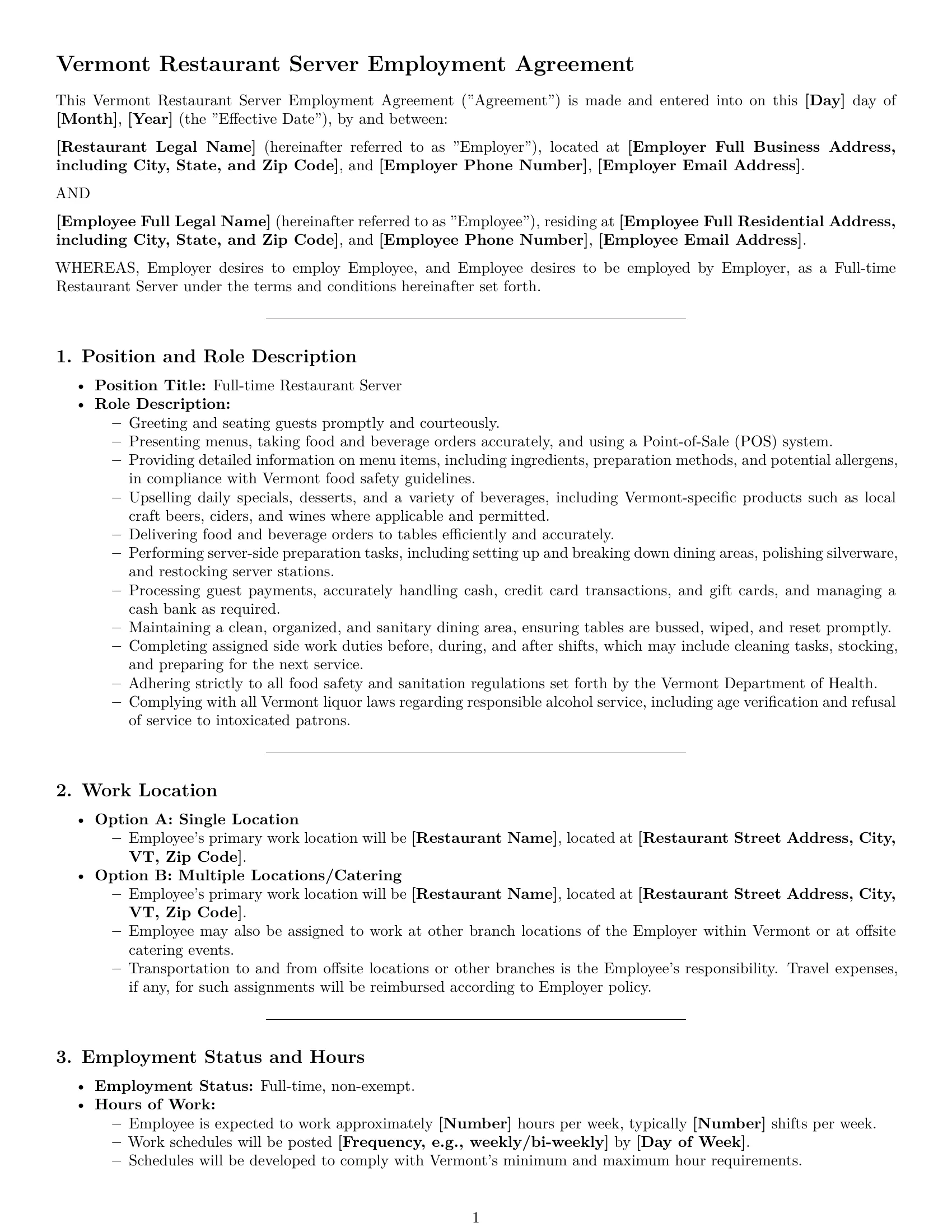 Preview page 1 of Pro Vermont restaurant server employment contract template