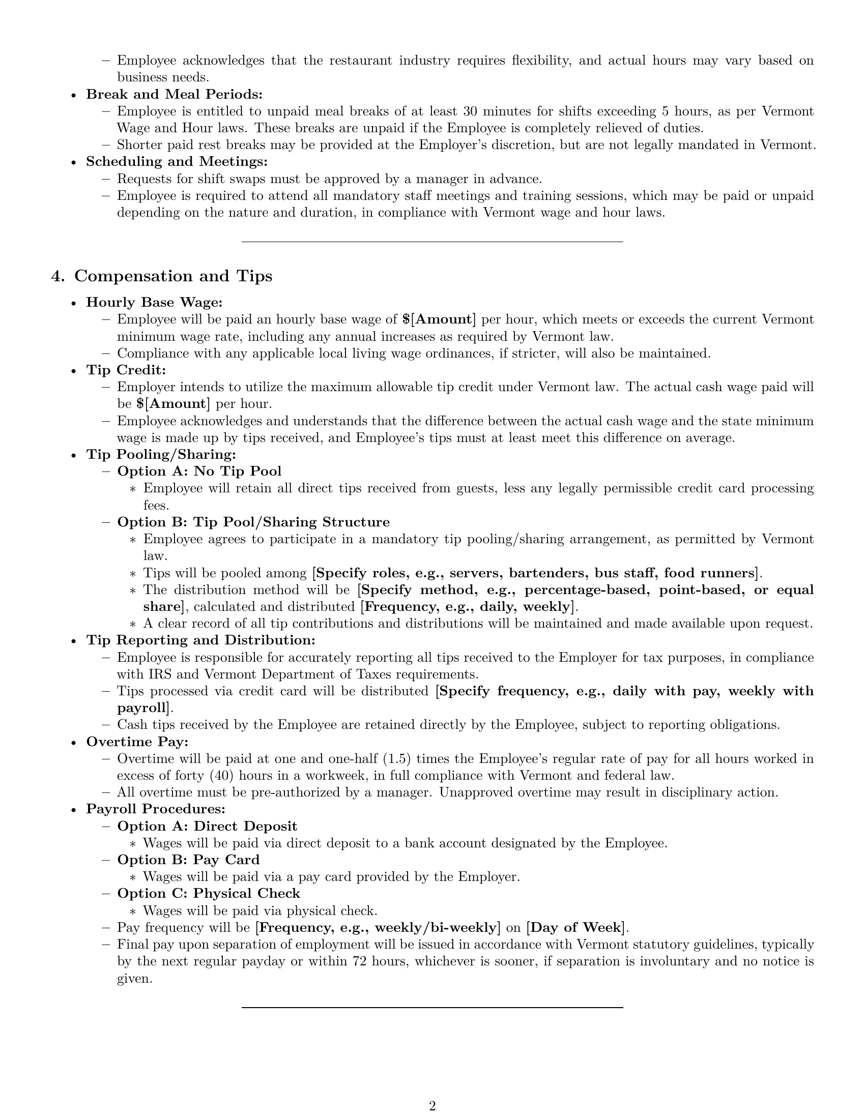 Preview page 2 of Pro Vermont restaurant server employment contract template