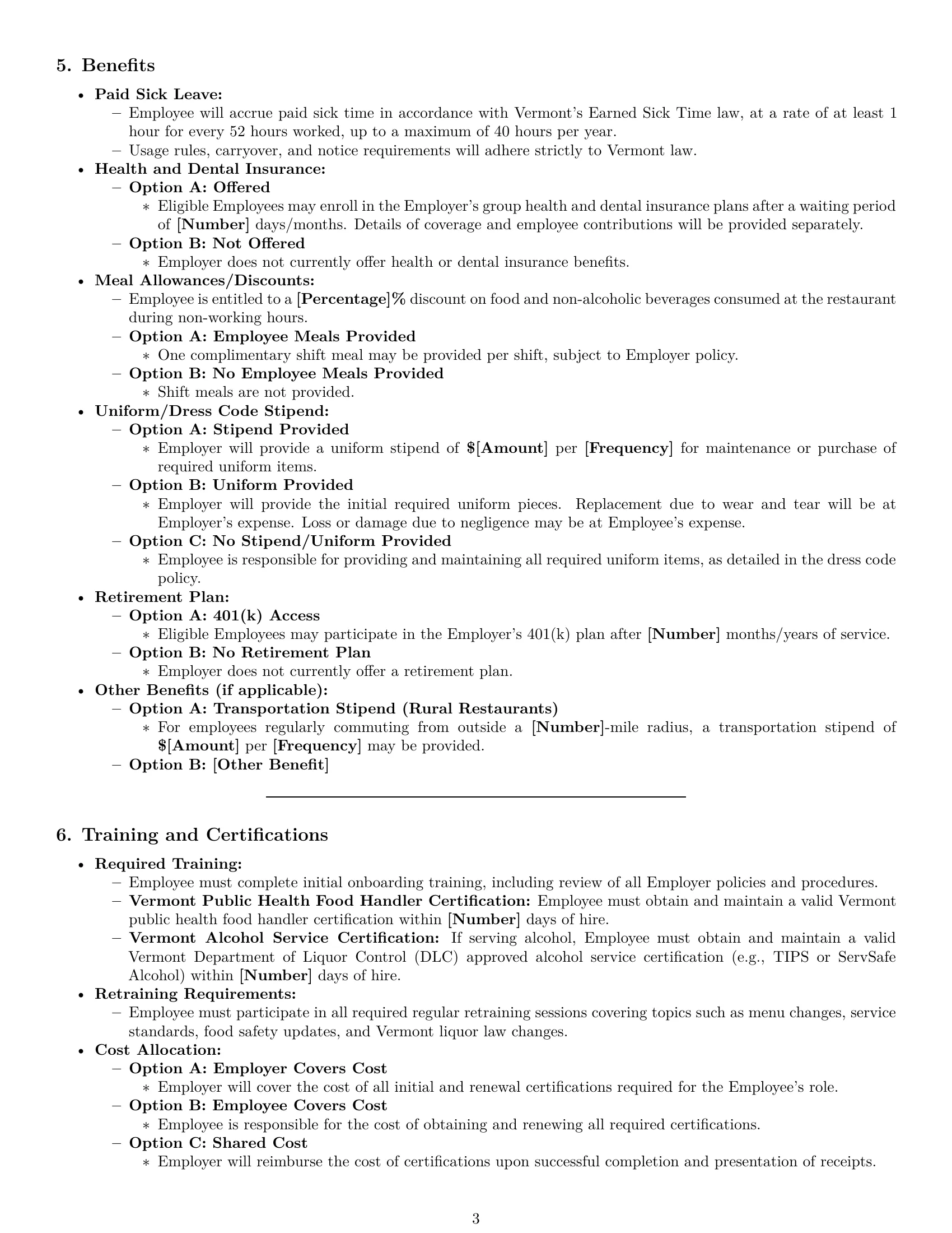 Preview page 3 of Pro Vermont restaurant server employment contract template