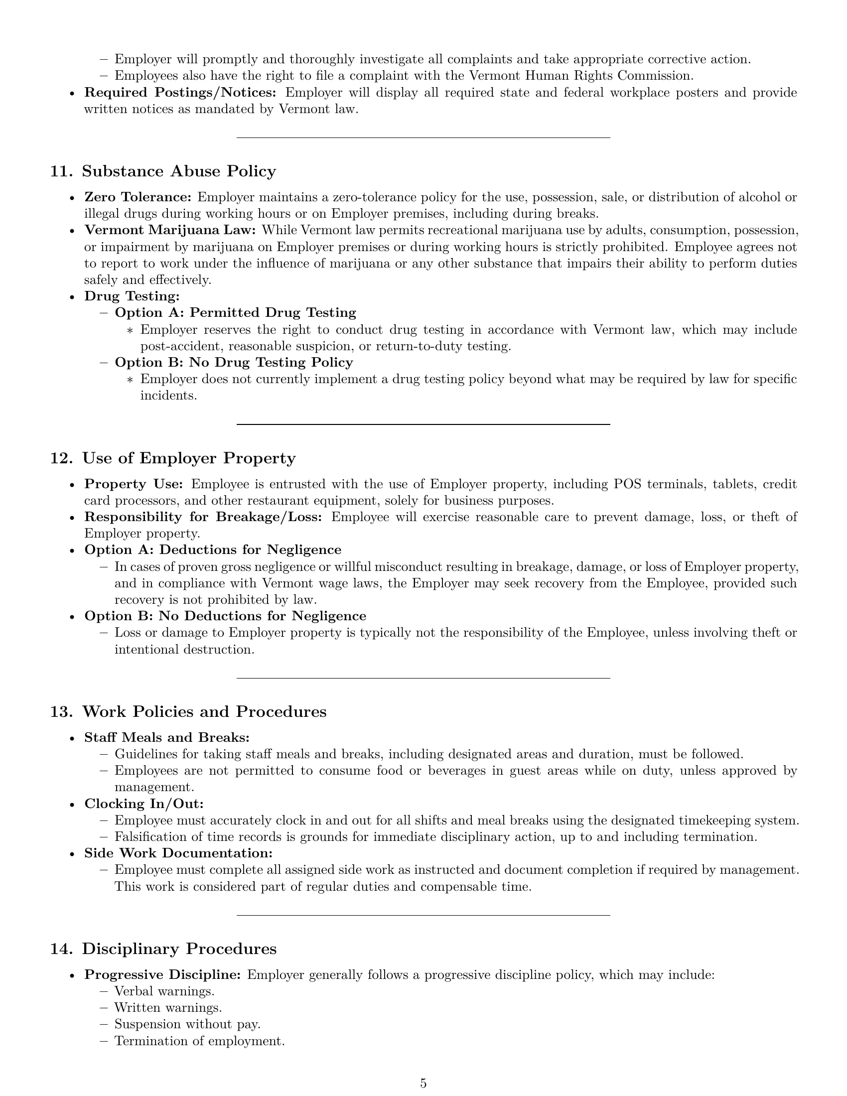 Preview page 5 of Pro Vermont restaurant server employment contract template