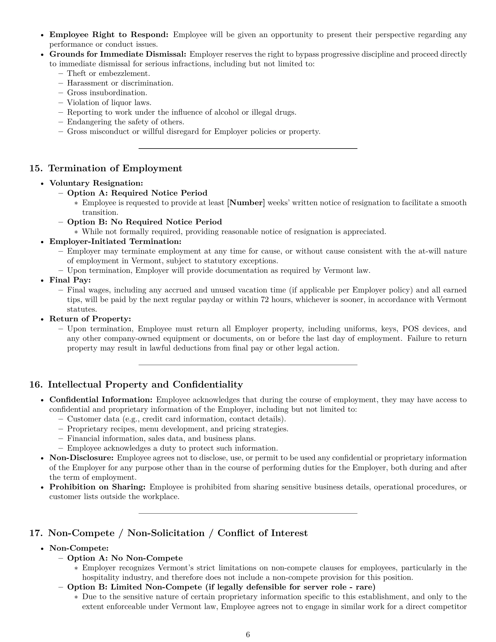Preview page 6 of Pro Vermont restaurant server employment contract template