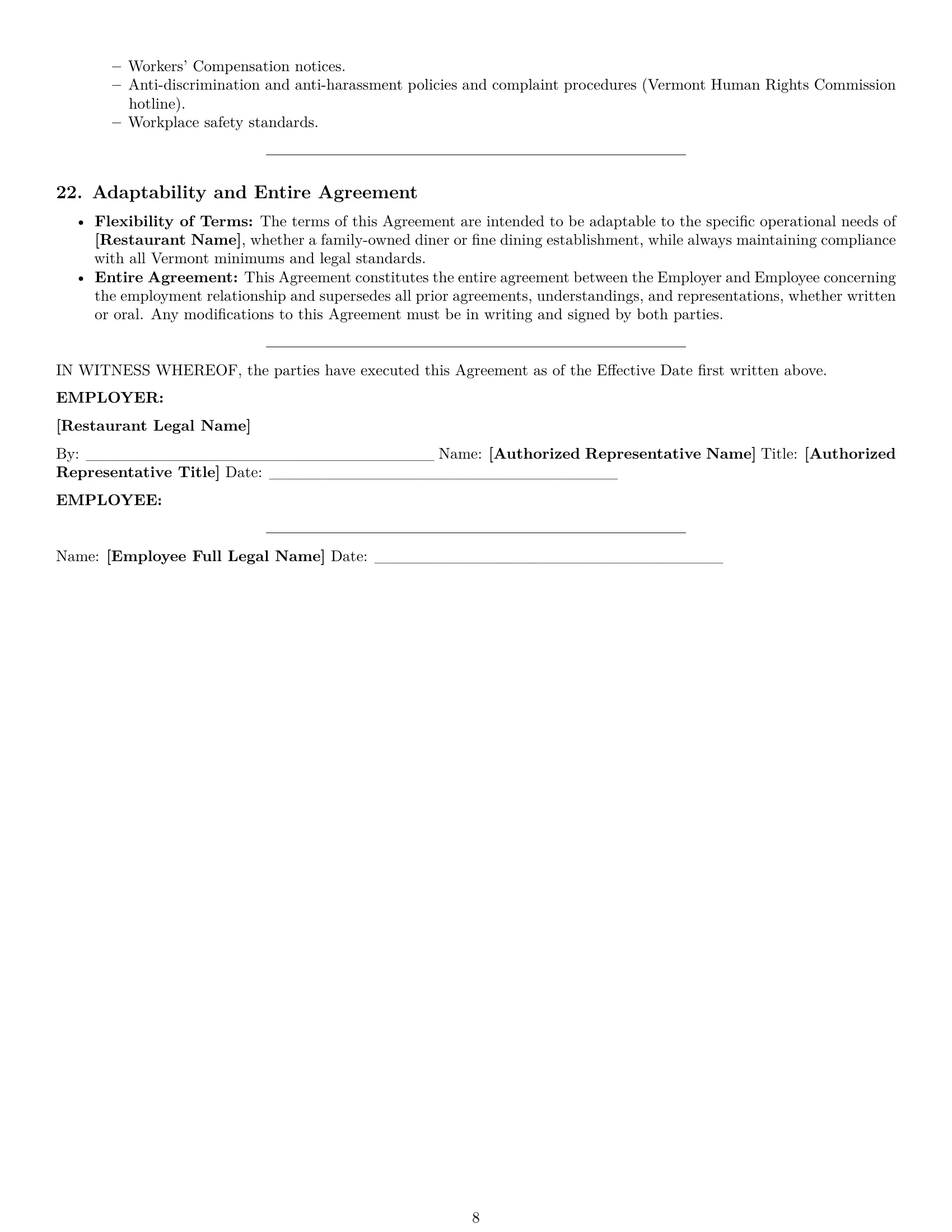 Preview page 8 of Pro Vermont restaurant server employment contract template