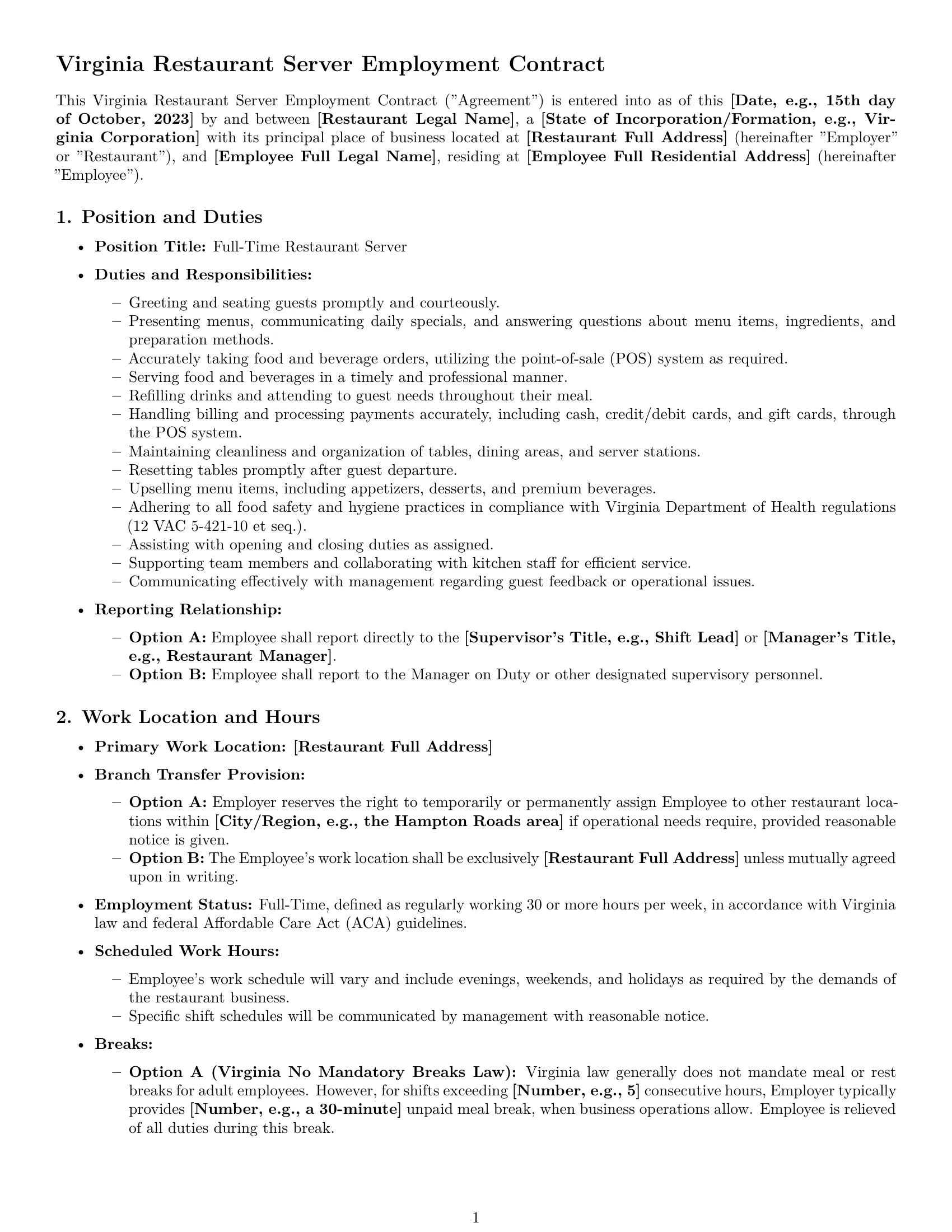 Preview page 1 of Pro Virginia restaurant server employment contract template
