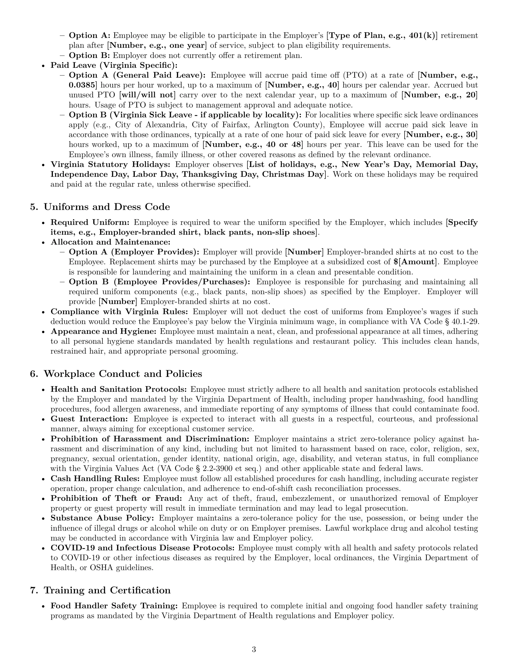 Preview page 3 of Pro Virginia restaurant server employment contract template