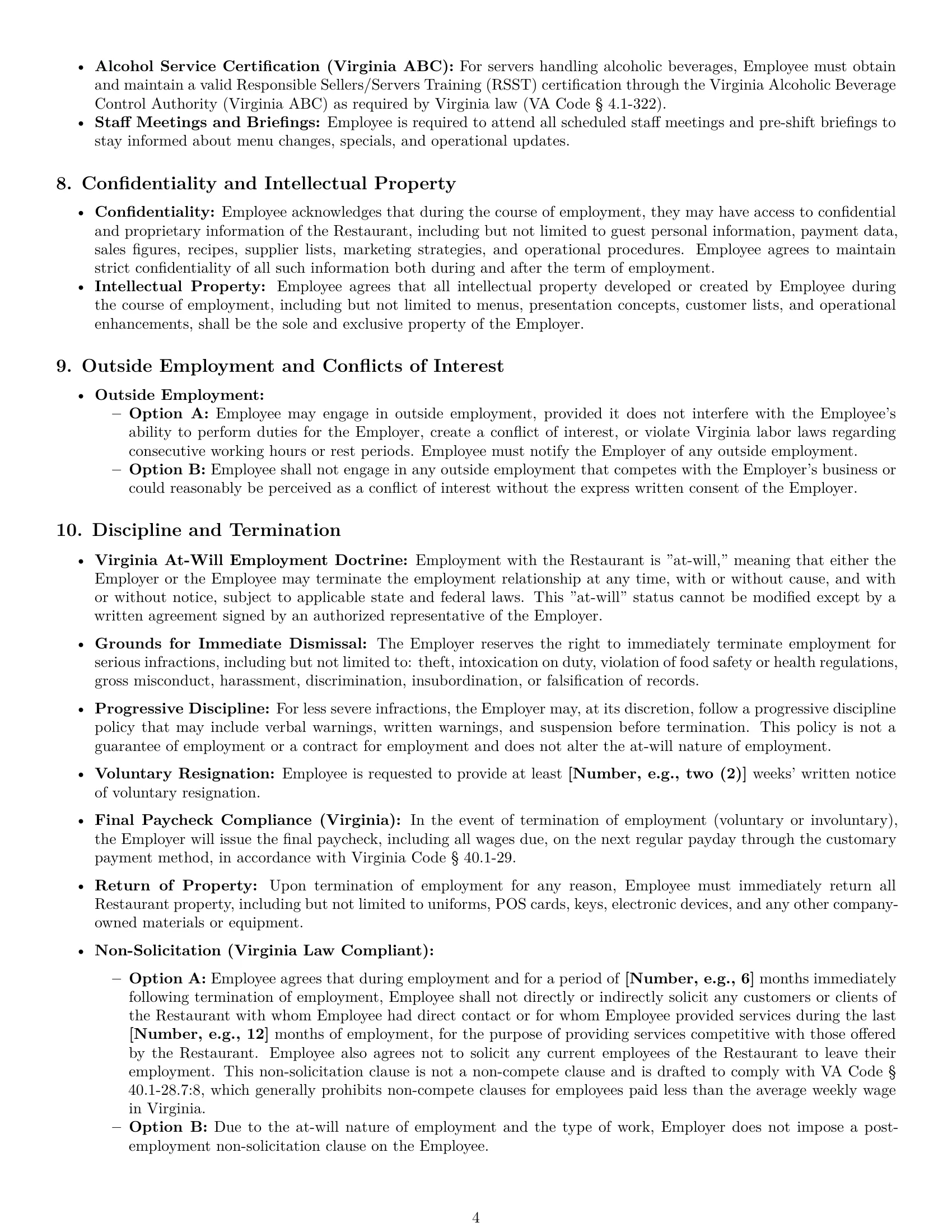 Preview page 4 of Pro Virginia restaurant server employment contract template