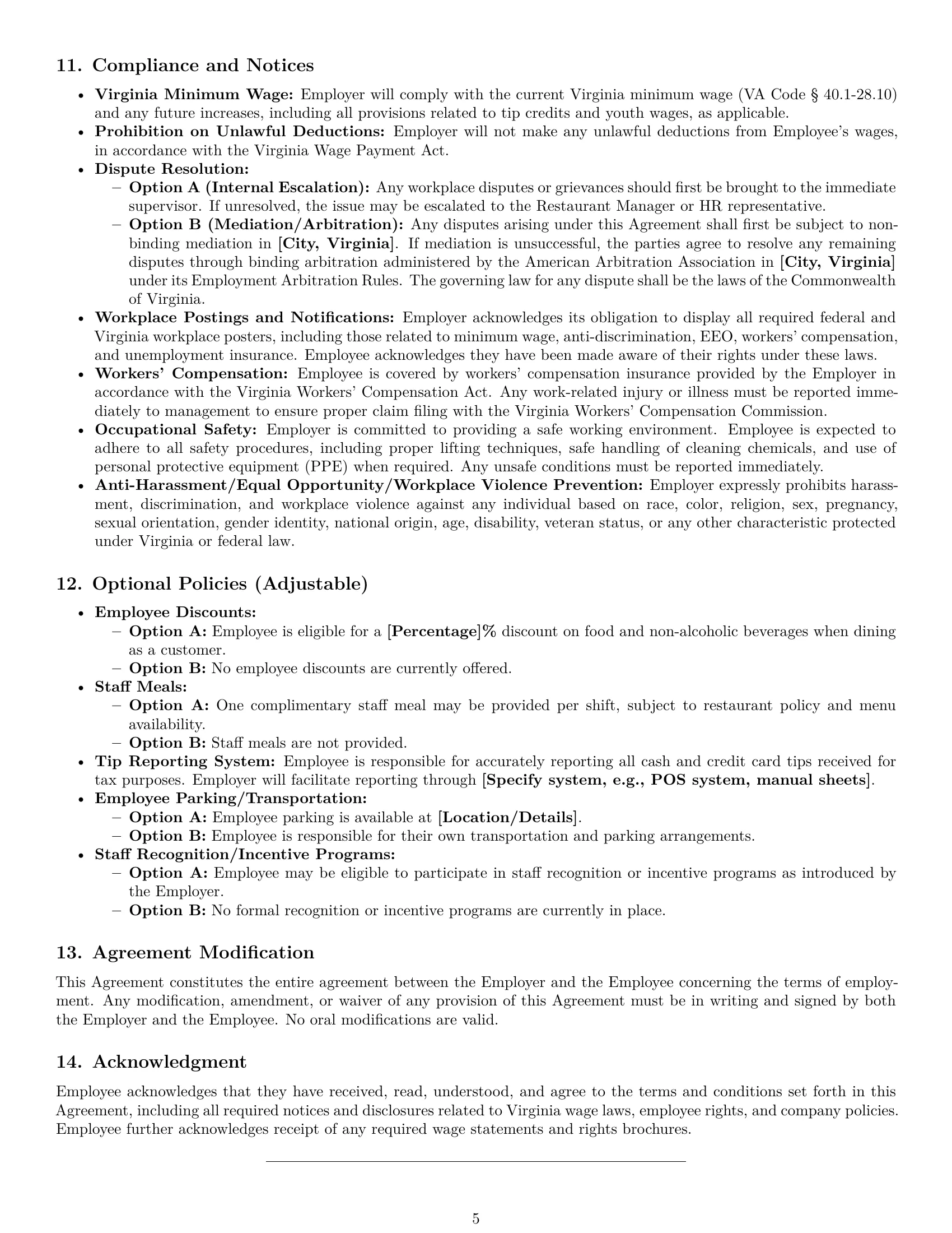 Preview page 5 of Pro Virginia restaurant server employment contract template