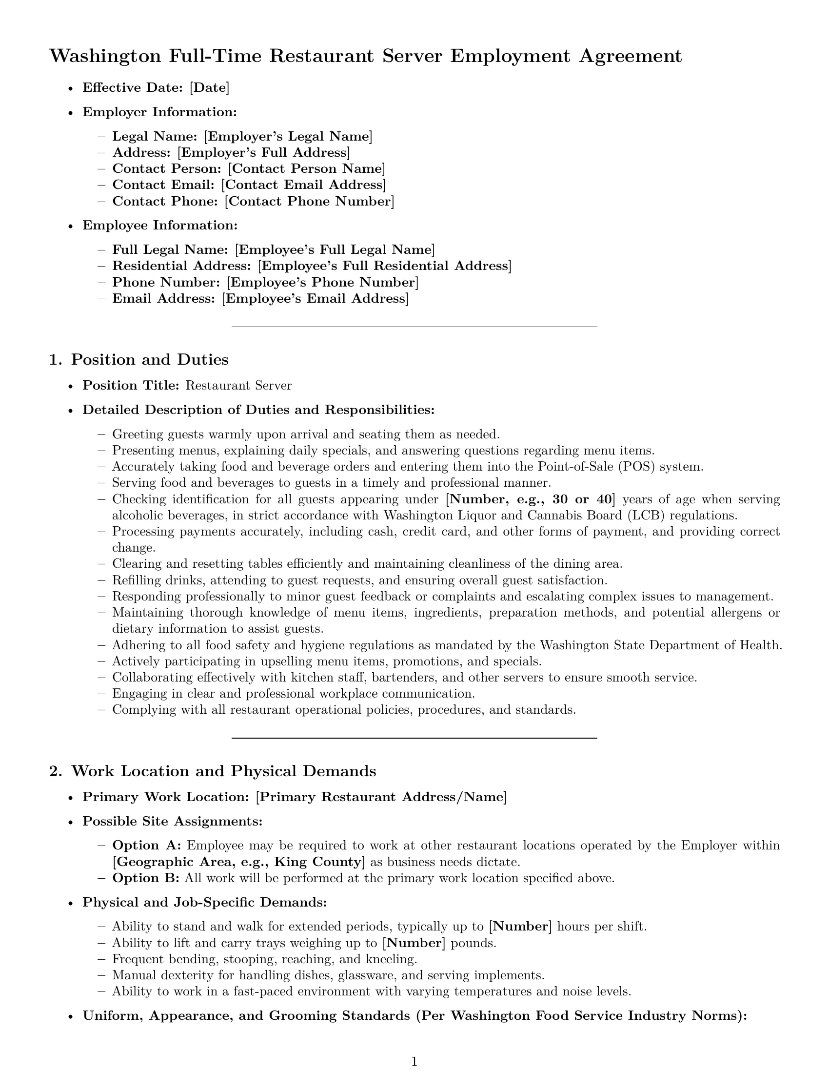 Preview page 1 of Pro Washington restaurant server employment contract template