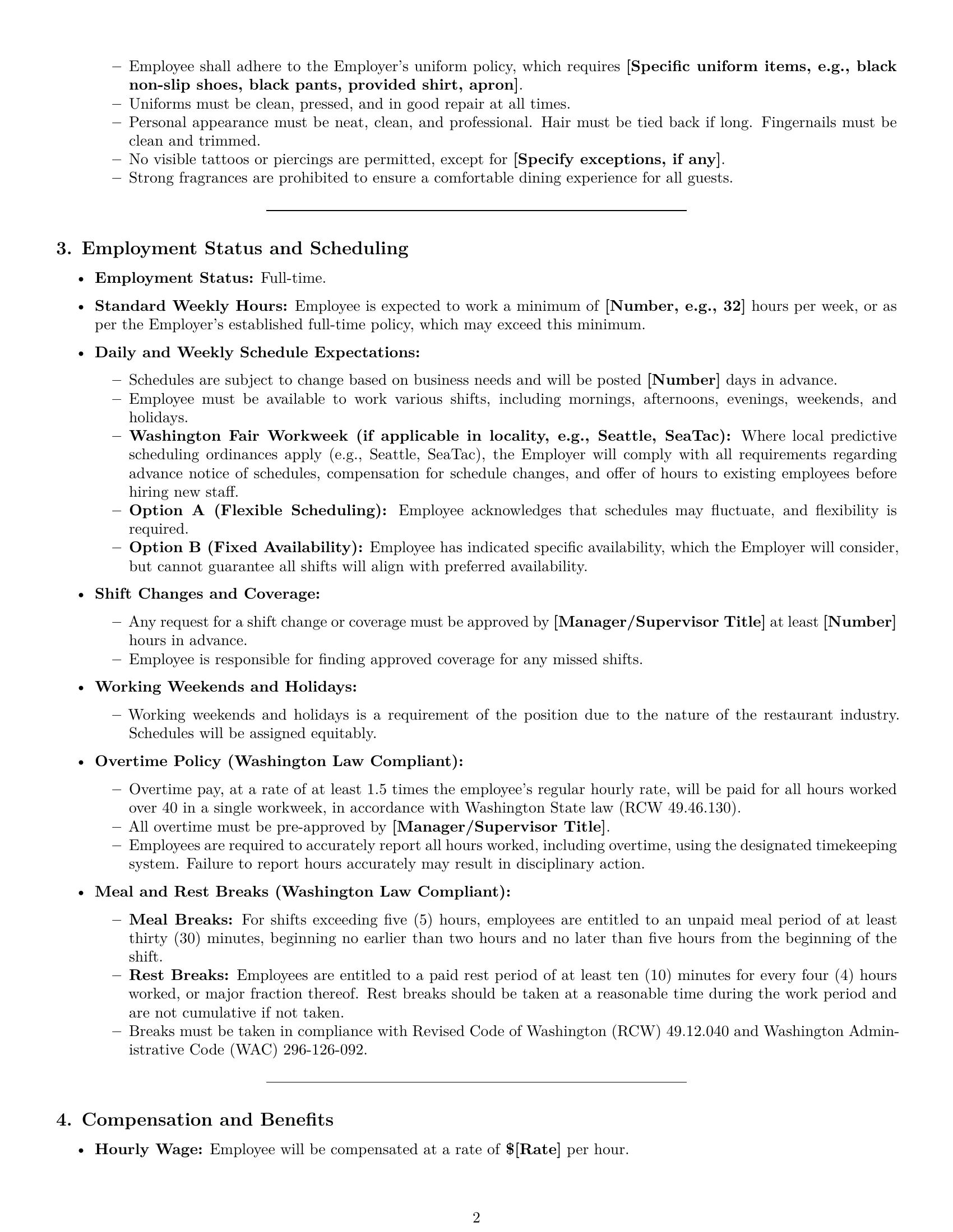 Preview page 2 of Pro Washington restaurant server employment contract template