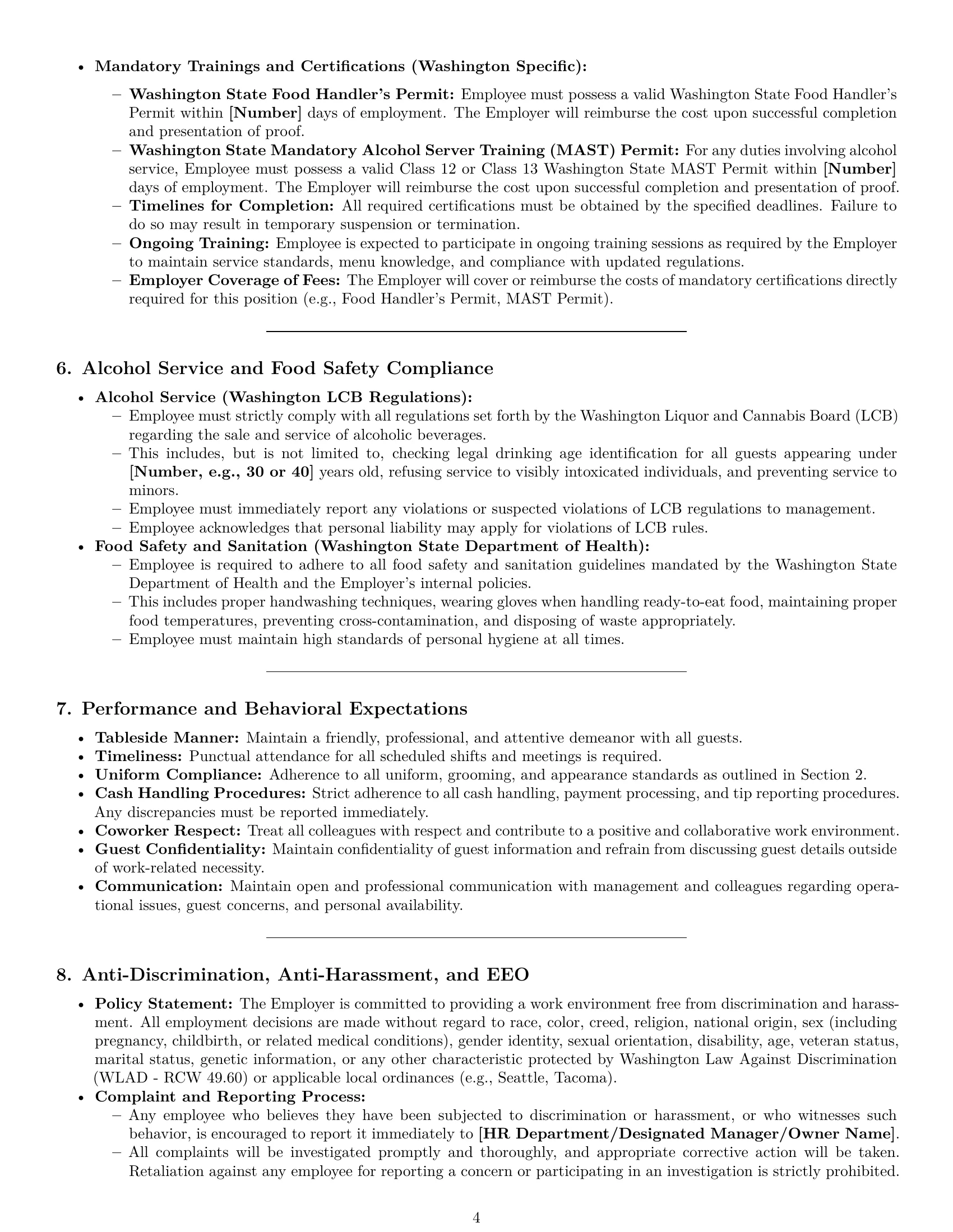 Preview page 4 of Pro Washington restaurant server employment contract template