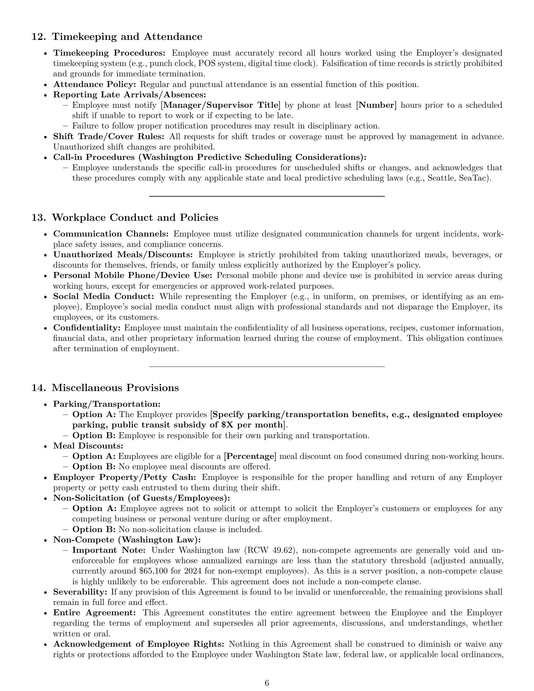 Preview page 6 of Pro Washington restaurant server employment contract template