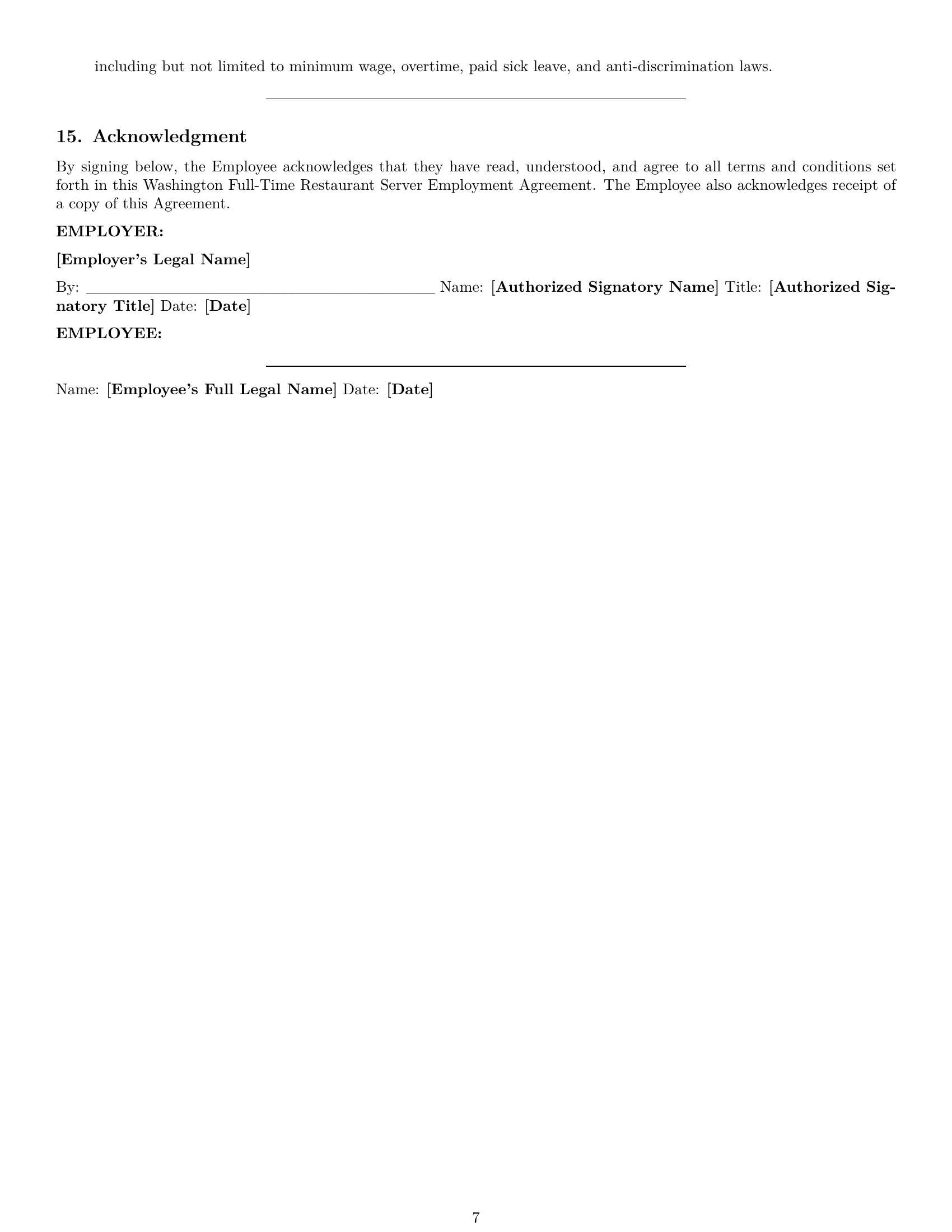 Preview page 7 of Pro Washington restaurant server employment contract template