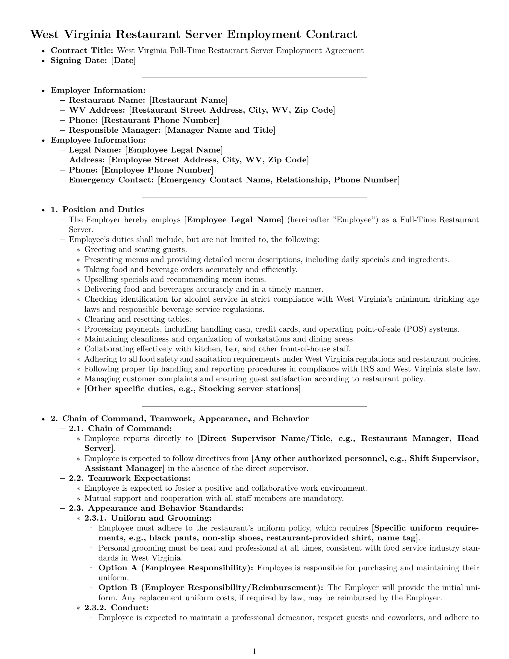 Preview page 1 of Pro West Virginia restaurant server employment contract template