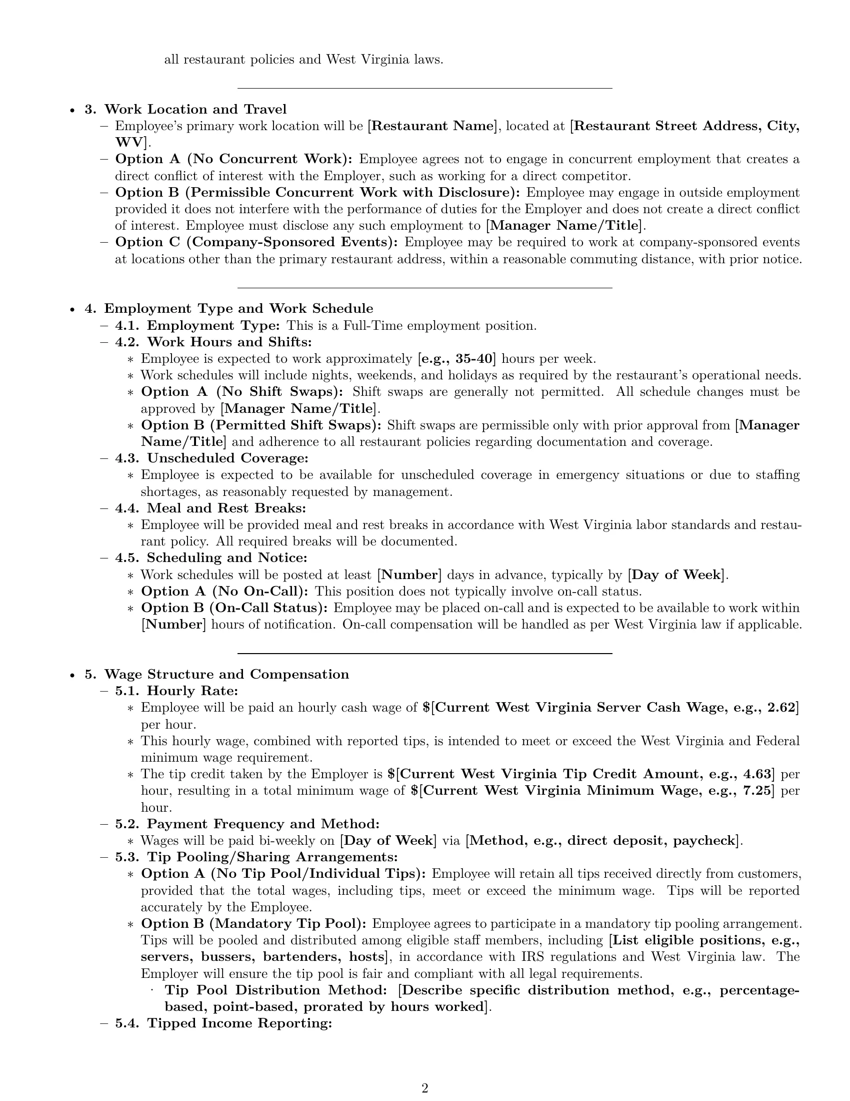 Preview page 2 of Pro West Virginia restaurant server employment contract template