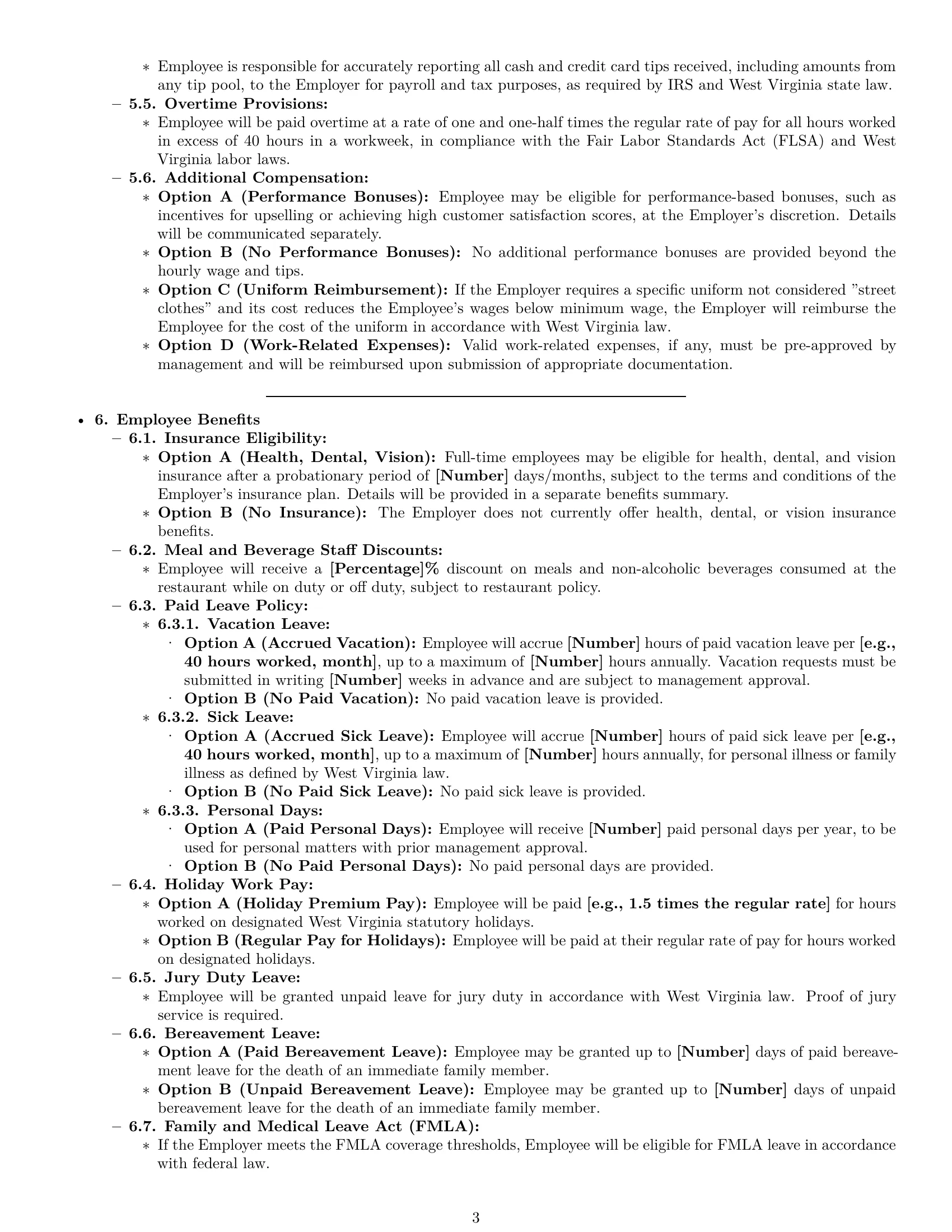 Preview page 3 of Pro West Virginia restaurant server employment contract template