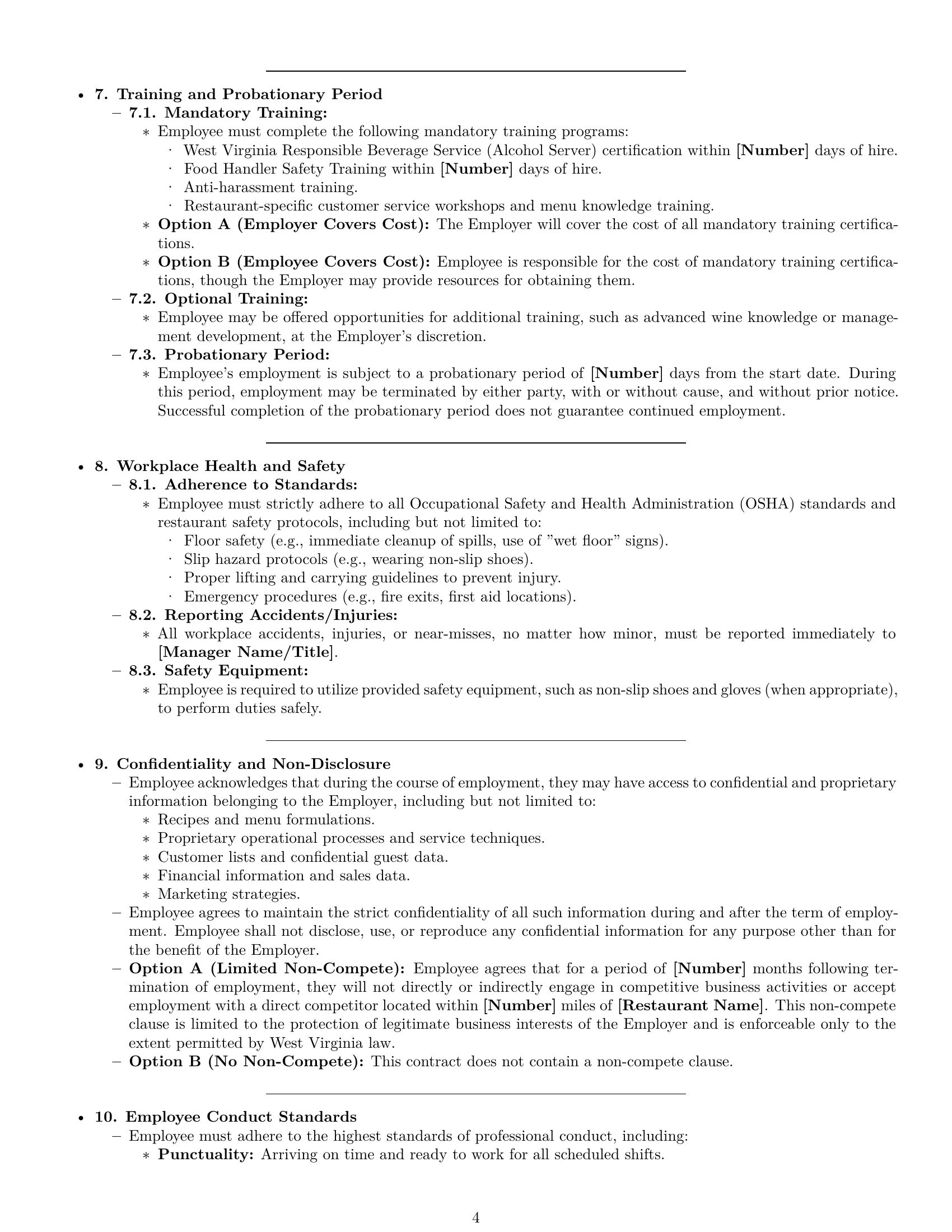 Preview page 4 of Pro West Virginia restaurant server employment contract template