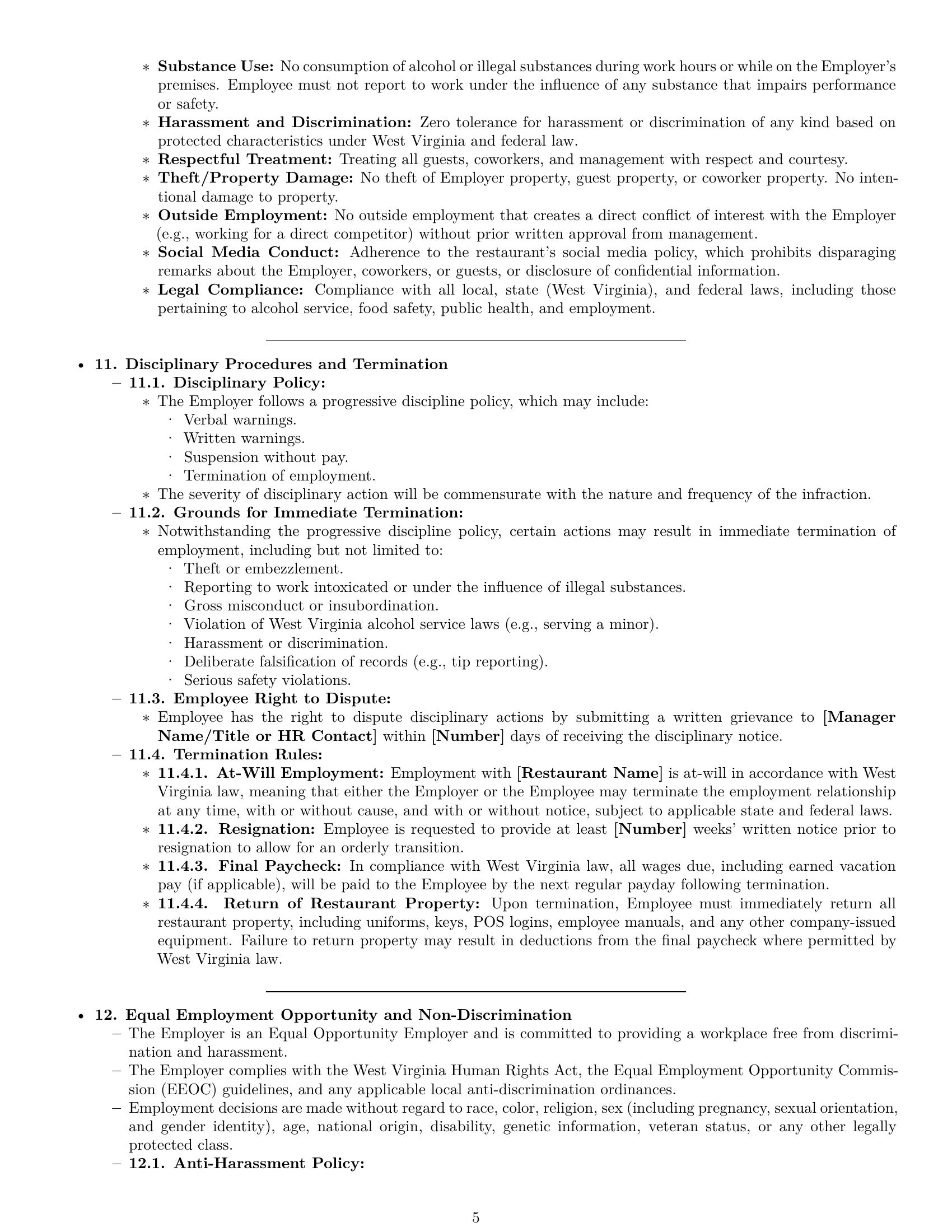 Preview page 5 of Pro West Virginia restaurant server employment contract template