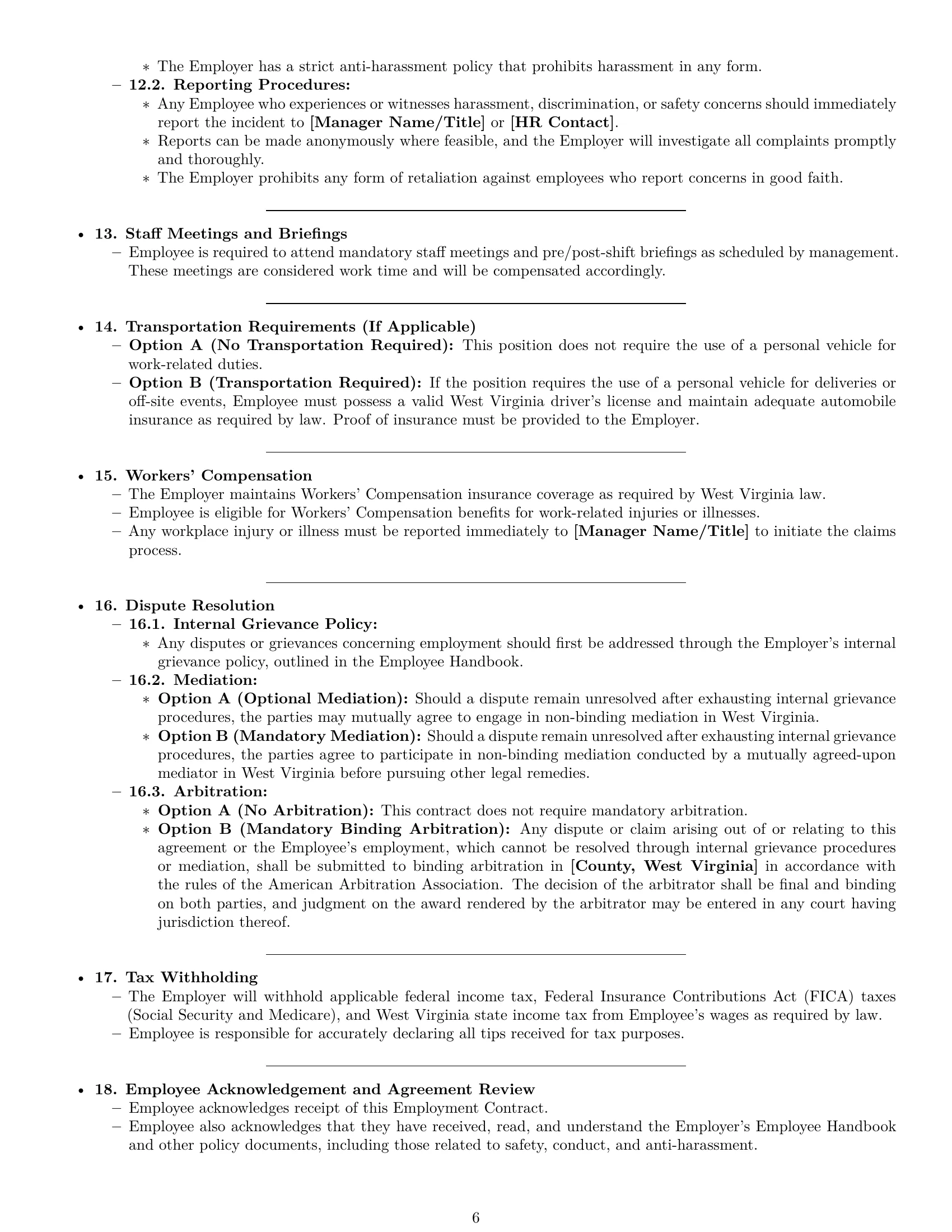 Preview page 6 of Pro West Virginia restaurant server employment contract template