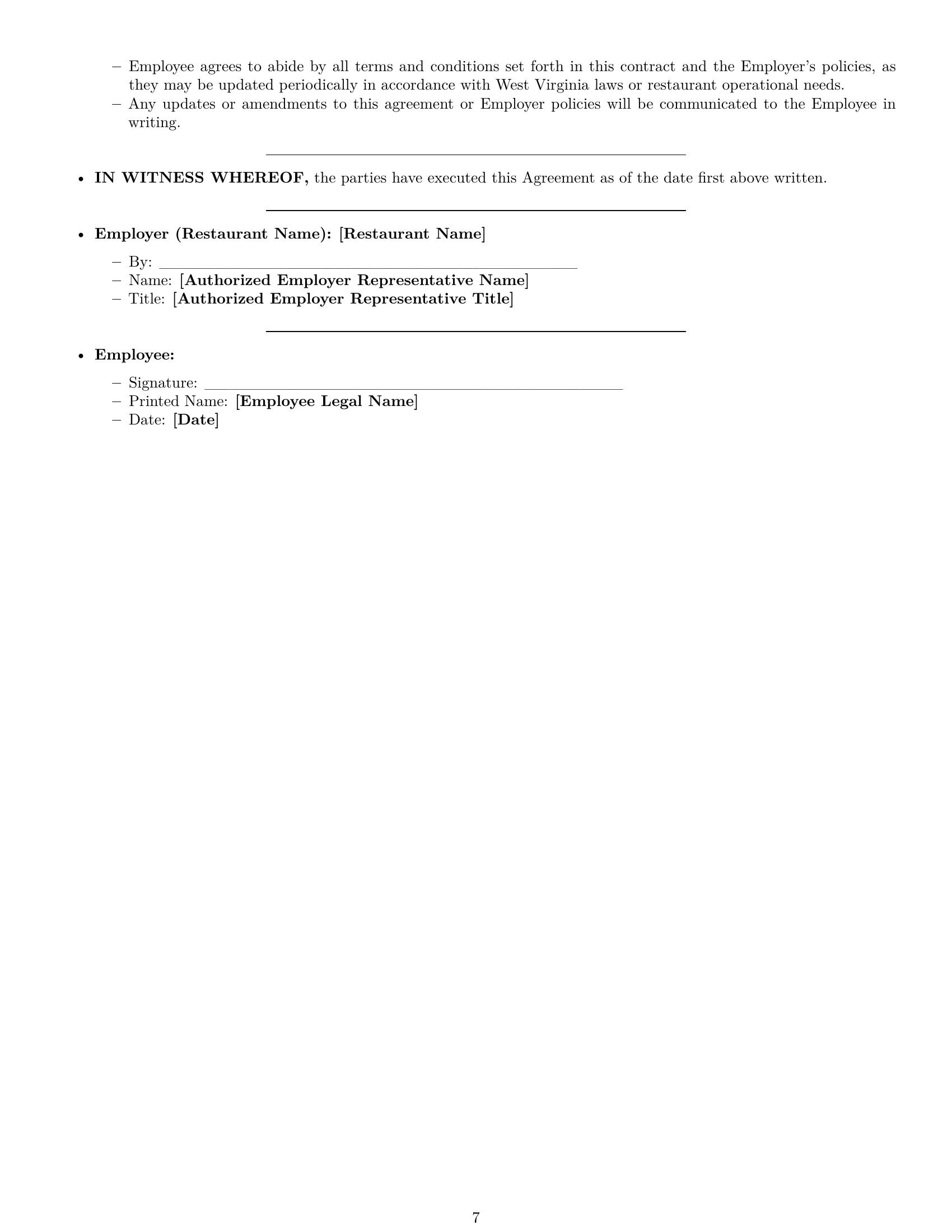 Preview page 7 of Pro West Virginia restaurant server employment contract template