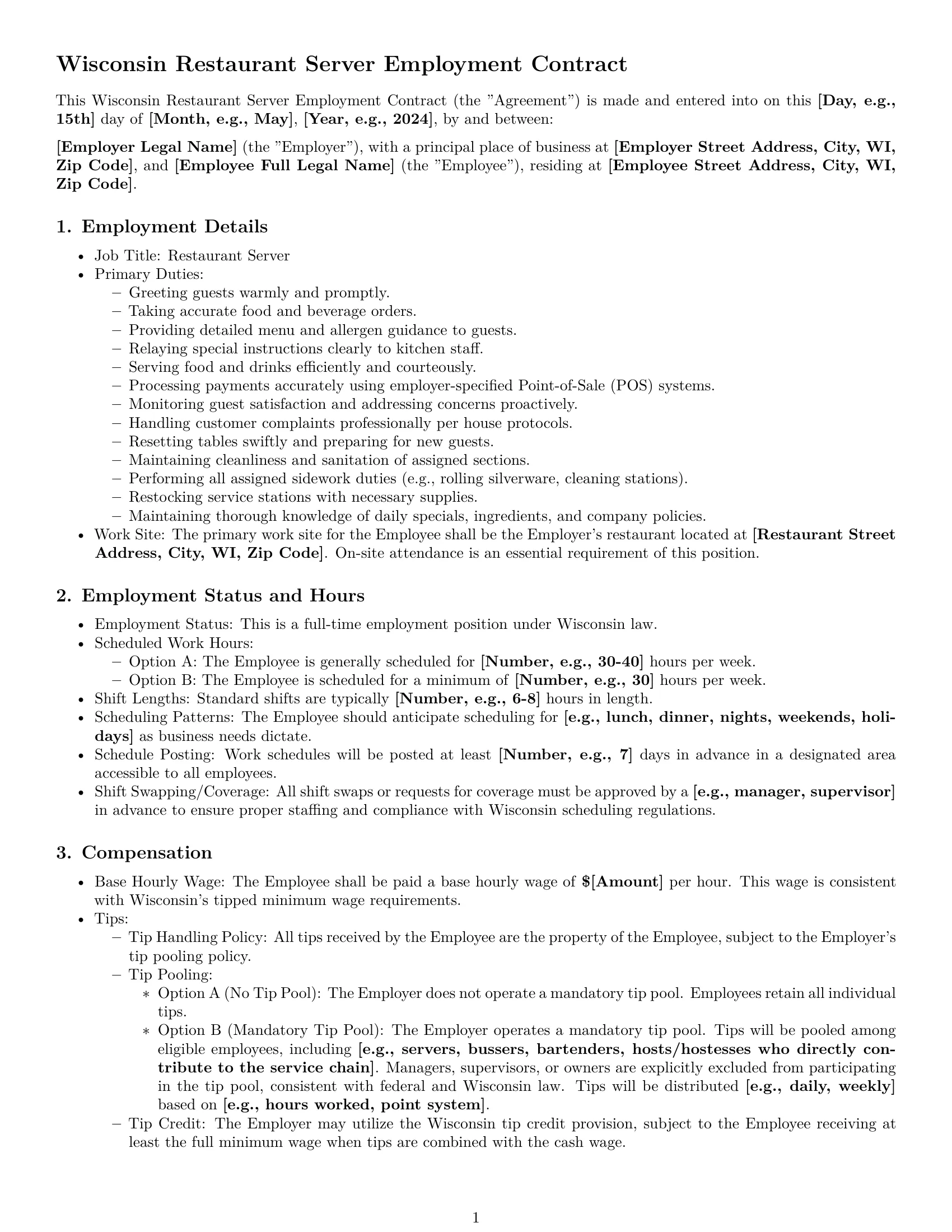 Preview page 1 of Pro Wisconsin restaurant server employment contract template