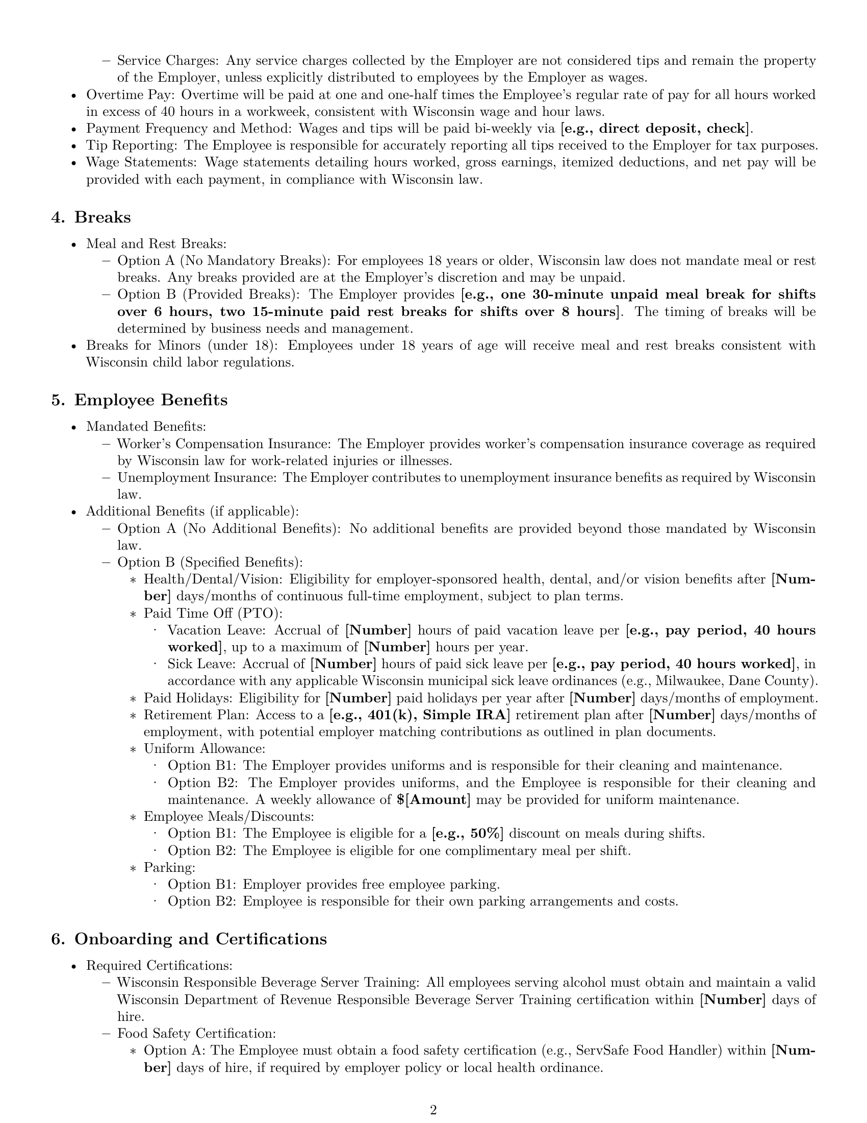 Preview page 2 of Pro Wisconsin restaurant server employment contract template