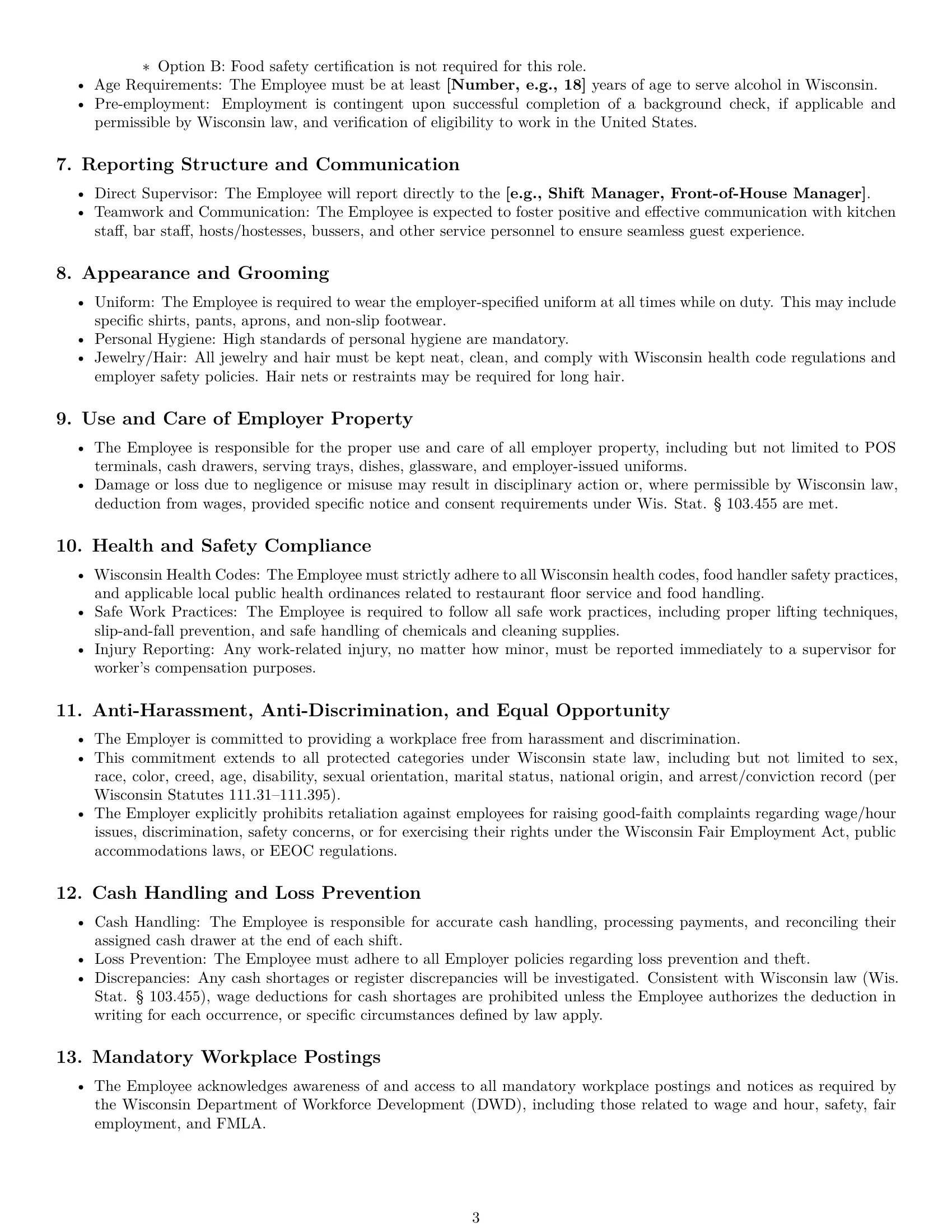 Preview page 3 of Pro Wisconsin restaurant server employment contract template