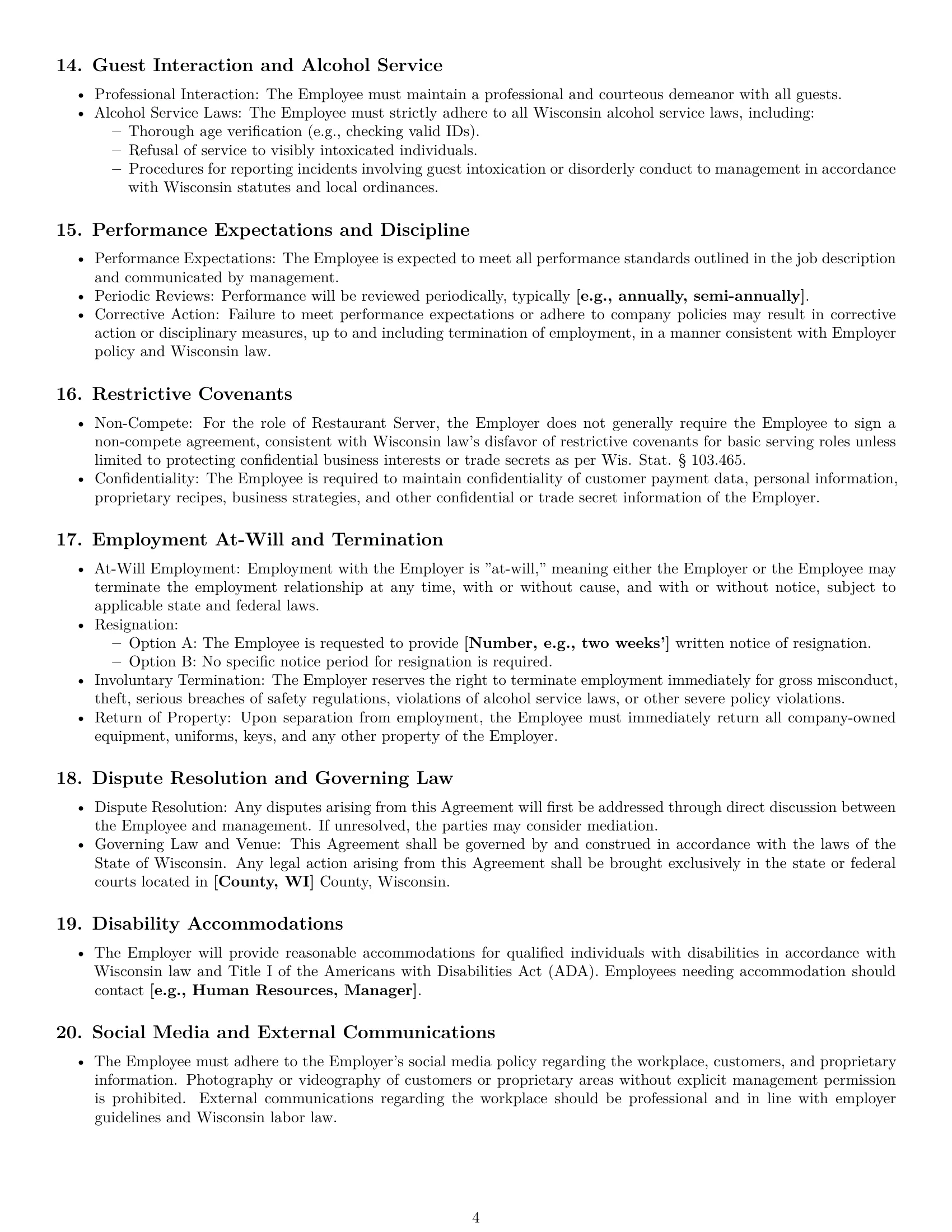 Preview page 4 of Pro Wisconsin restaurant server employment contract template