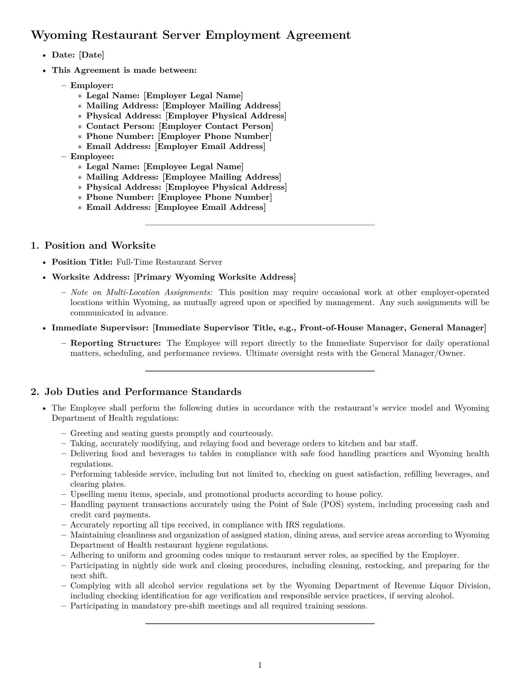 Preview page 1 of Pro Wyoming restaurant server employment contract template